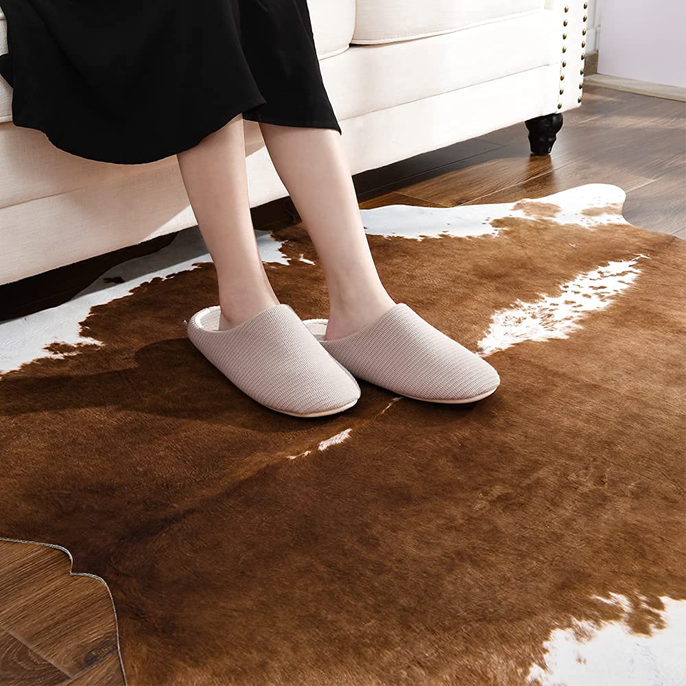 BENRON Faux Cowhide Rug Cow Print Rugs Western Decor Animal Rugs for Living Room Bedroom, Kahqi(140x158cm,55x62in)