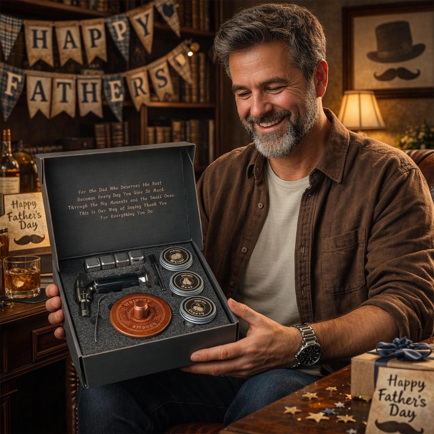 Whiskey Smoker Kit with Torch- 6 Wood Chip Flavors, 4 stainless steel ice cubes - Cocktail Smoker Infuser Kit for Bourbon & Old Fashioned, Birthday Whiskey Gifts for Men, Dad(Without Butane)