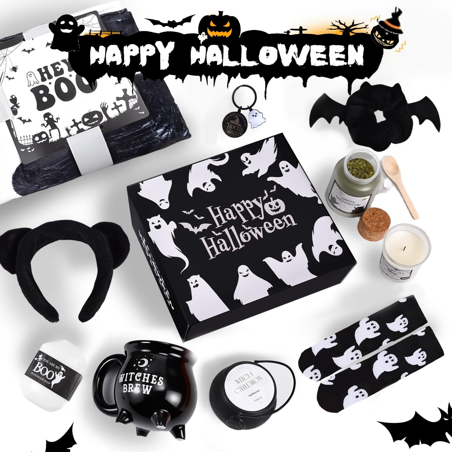 Boo Basket Stuffers for Women Teens - 11Pcs Halloween Boo Basket Stuffers Gift Ideas with Ghost Blanket Cauldron Mug Socks & Spa Gifts for Women Teen Girls