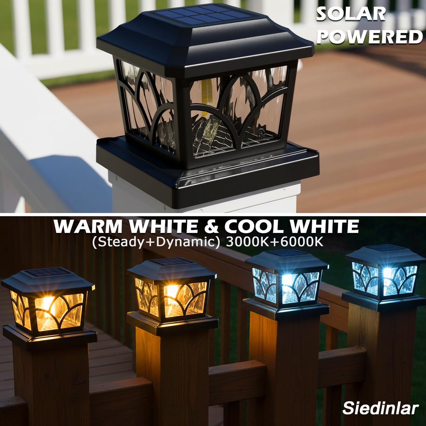 SIEDiNLAR Solar Post Cap Lights Outdoor 4 Modes 40 LEDs Aluminum Glass Deck Post Light for 4x4 5x5 6x6 Wooden Vinyl Posts Fence Patio Decor, Warm White & Cool White Dynamic Lighting Black (2 Pack)