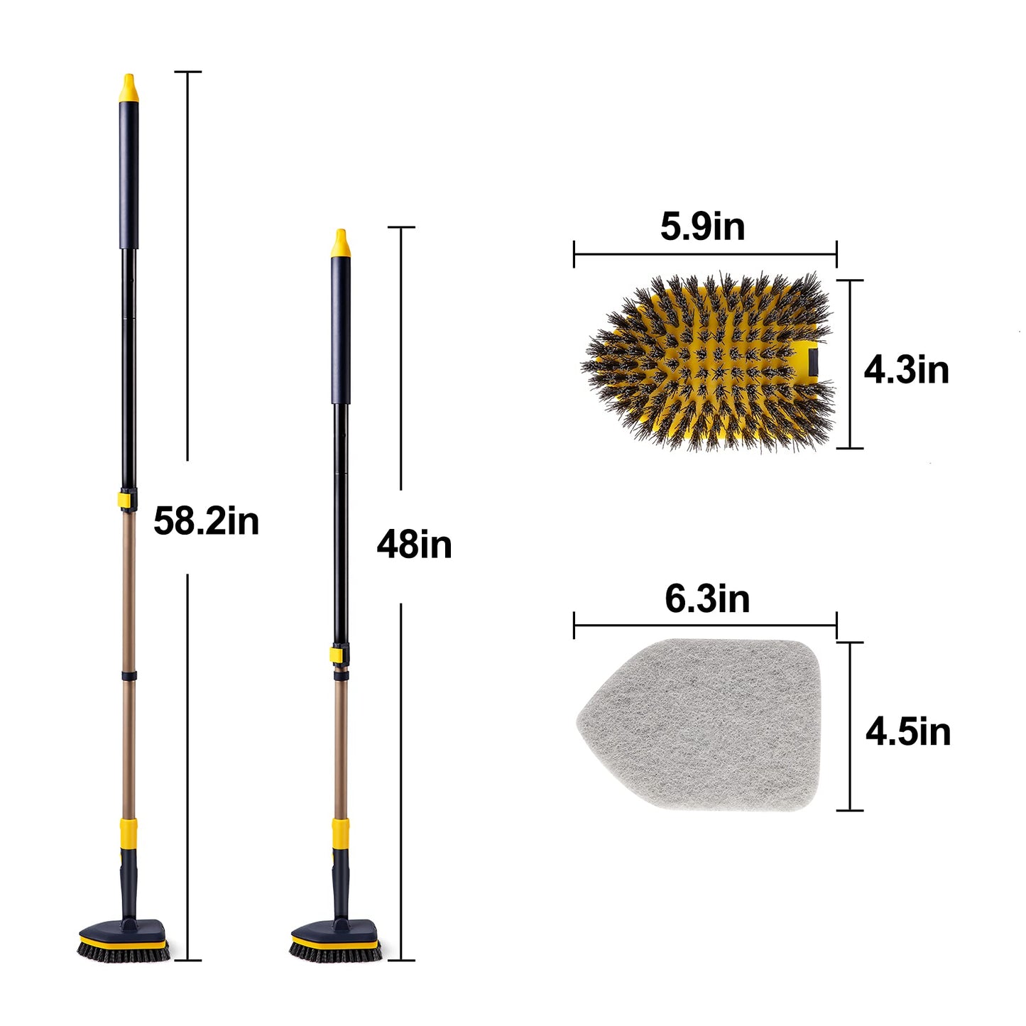Yocada Tub Tile Scrubber Brush 2 in 1 Cleaning Brush 58.2 Inch Adjustable Telescopic Pole Stiff Bristles Scouring Pads for Cleaning Bathroom Kitchen Toilet Wall Tub Tile Sink Non Scratch
