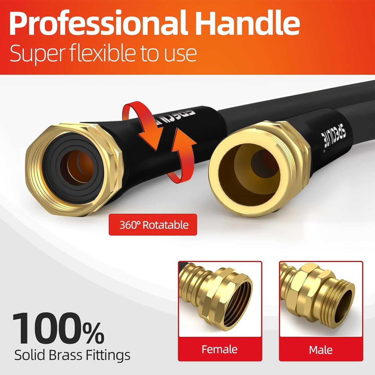 SPECILITE Garden Hose 50 ft x 5/8 in Heavy Duty, Flexible and Lightweight, Burst 600 psi, Kink-Less Hybrid Rubber Pipe for Backyard, 3/4'' Brass Fittings, Black