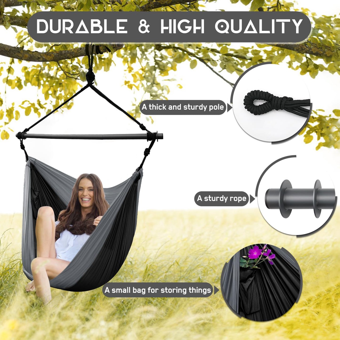 Hammock Chair Swing Chair, Hanging Chair for Outdoor Indoor, Large Lightweight Swing Chair for Adults, Portable Hammock Chair for Camping (Black, Gray)