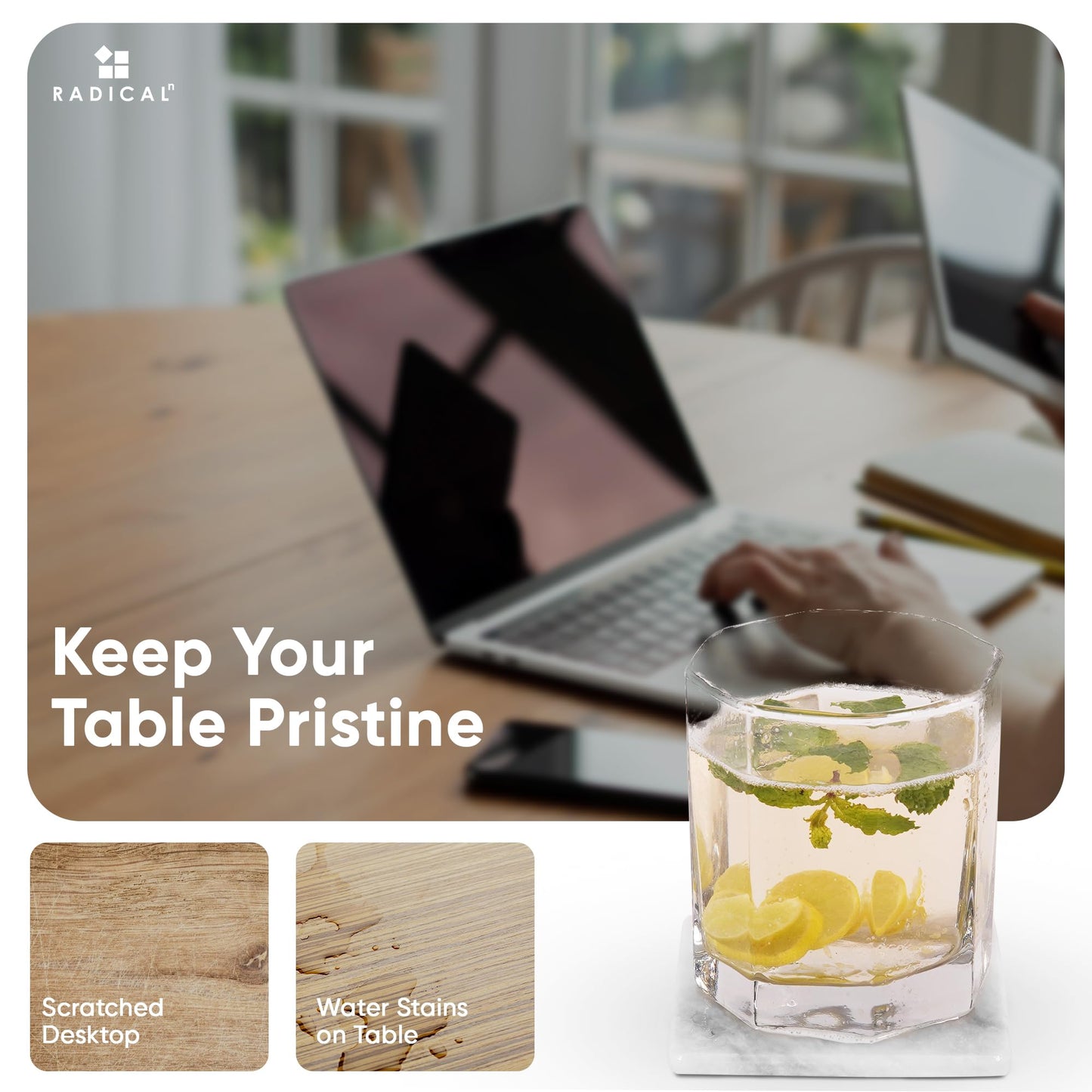 Marble Coasters Set of 6 White 3.5 Inch Square Coaster for Drinks with Holder, Drink Coaster for Tabletop & Coffee Table Decor, Ideal Home Decor House Warming Gifts