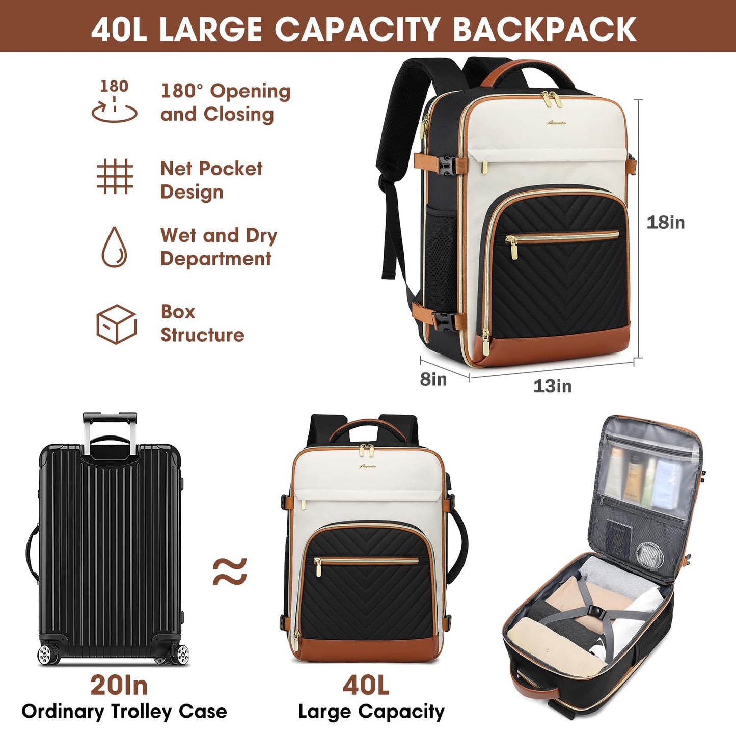 Large Carry on Travel Backpack: 40L Carry on Backpack for Airplanes TSA Personal Item Travel Bag fits 17 inch Laptop Waterproof Travel Essentials Airline Approved with USB Port and 3 Packing Cubes