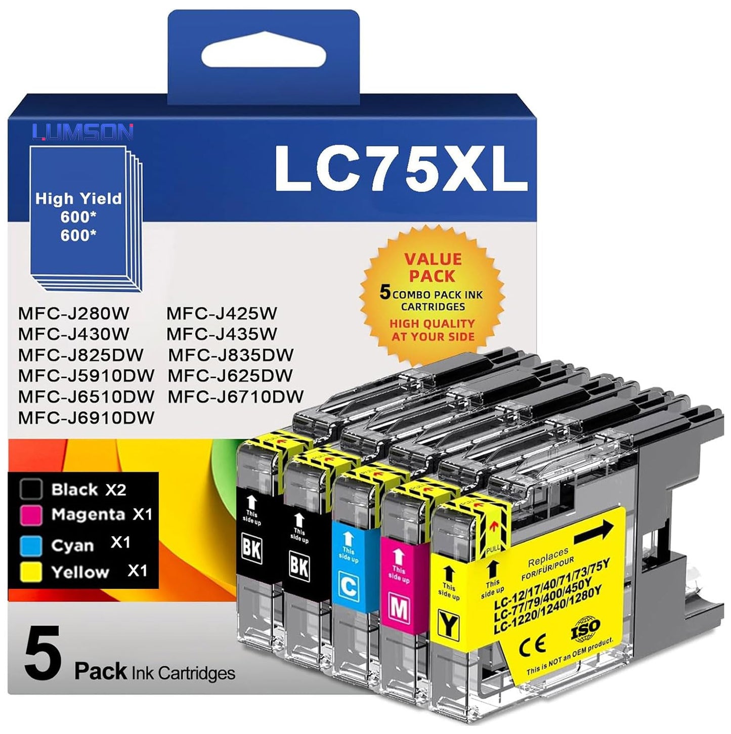 LC75 High Yield Ink Cartridge Replacement for Brother LC75 LC71 LC79 XL Use with MFC-J6510DW MFC-J6710DW MFC-J6910DW MFC-J280W MFC-J425W (2 Black, Cyan, Magenta, Yellow) 5 Pack