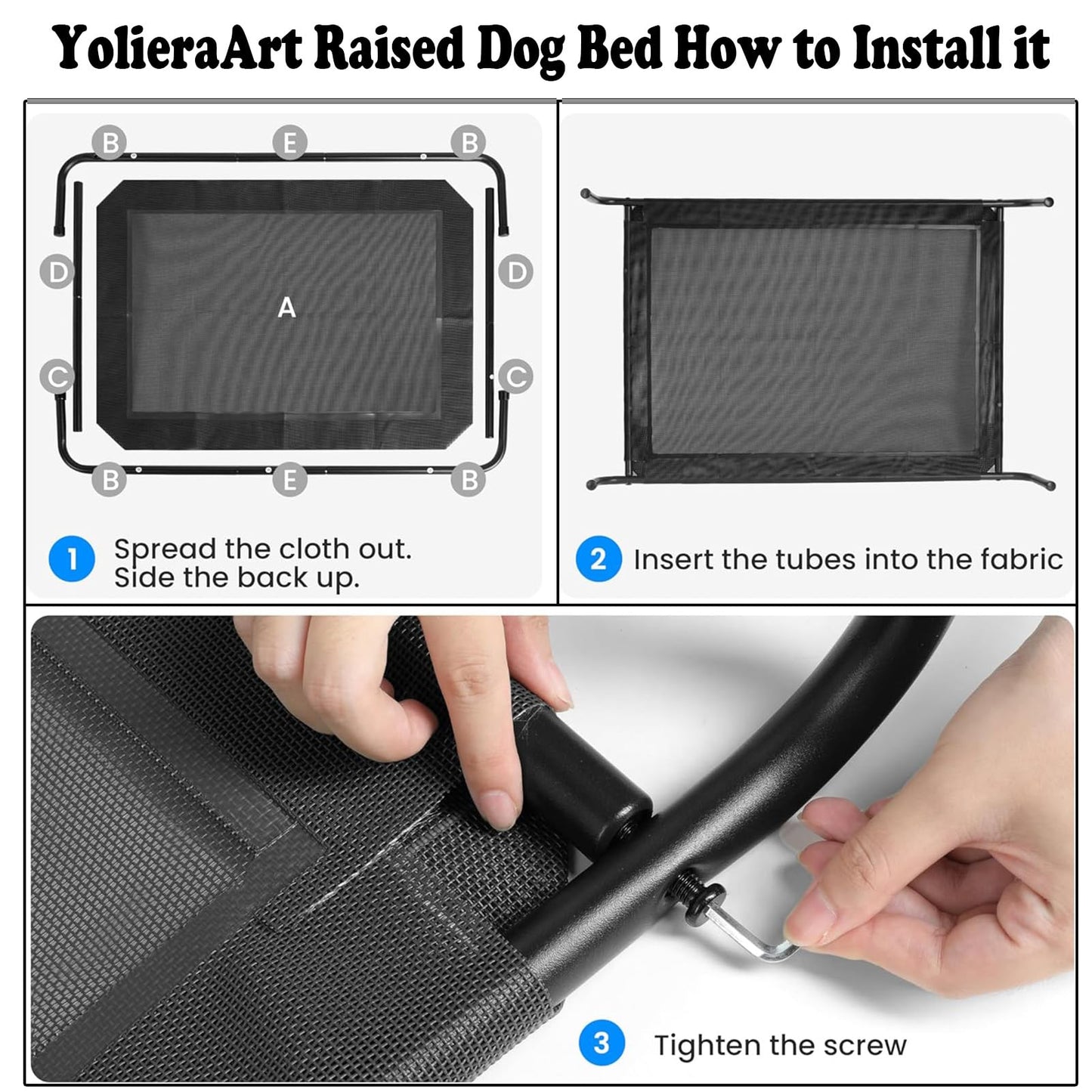 YolieraArt Raised Dog Bed for Medium Dogs, Elevated Outdoor Cot Bed Easy to Assemble with Durable Breathable Teslin Mesh, Chewproof Hammock Indoor Pet Bed (Black, M:35.5x23.5x7in)