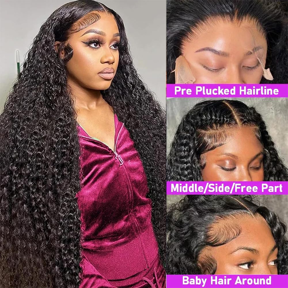 Brazilian Virgin Deep Wave Human Hair 13x6 HD Lace Frontal Wig 24Inch 200 Density Deep Curly Human Hair Lace Frontal Wigs Pre Plucked with Baby Hair 12A 100% Virgin Human Hair Wigs Full and Thick