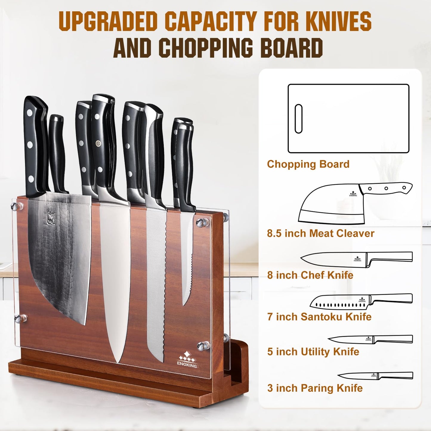 ENOKING Magnetic Knife Block with Acrylic Shield 12 x 9 Inches, Double Side Kitchen Knife Holder Without Knives- Acacia Wood Universal Knife Storage Organizer with Powerful Magnet for Kitchen Counter