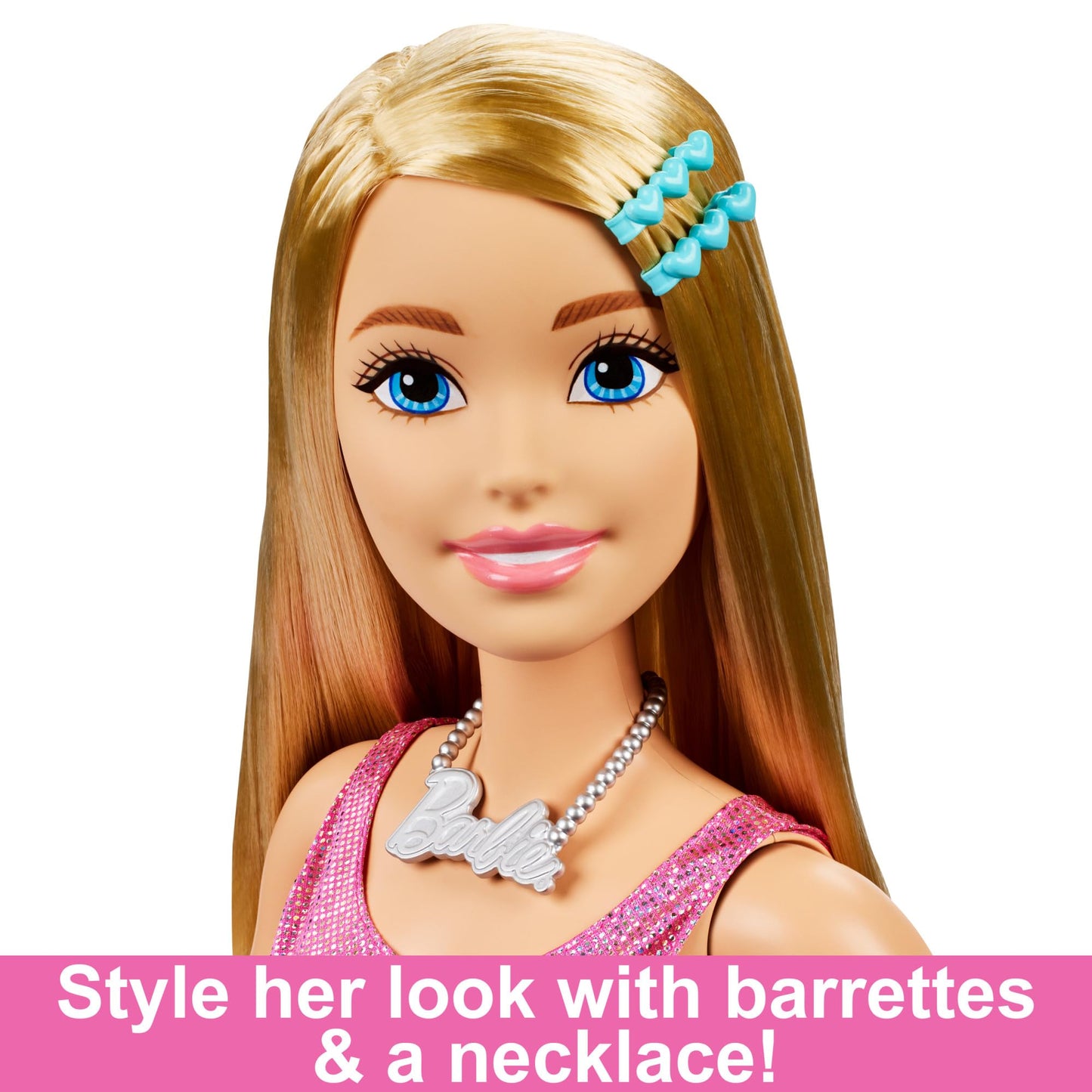 Barbie Large Doll with Blond Hair, 28 Inches Tall, Shimmery Pink Dress with Necklace and Hair Clip Accessories