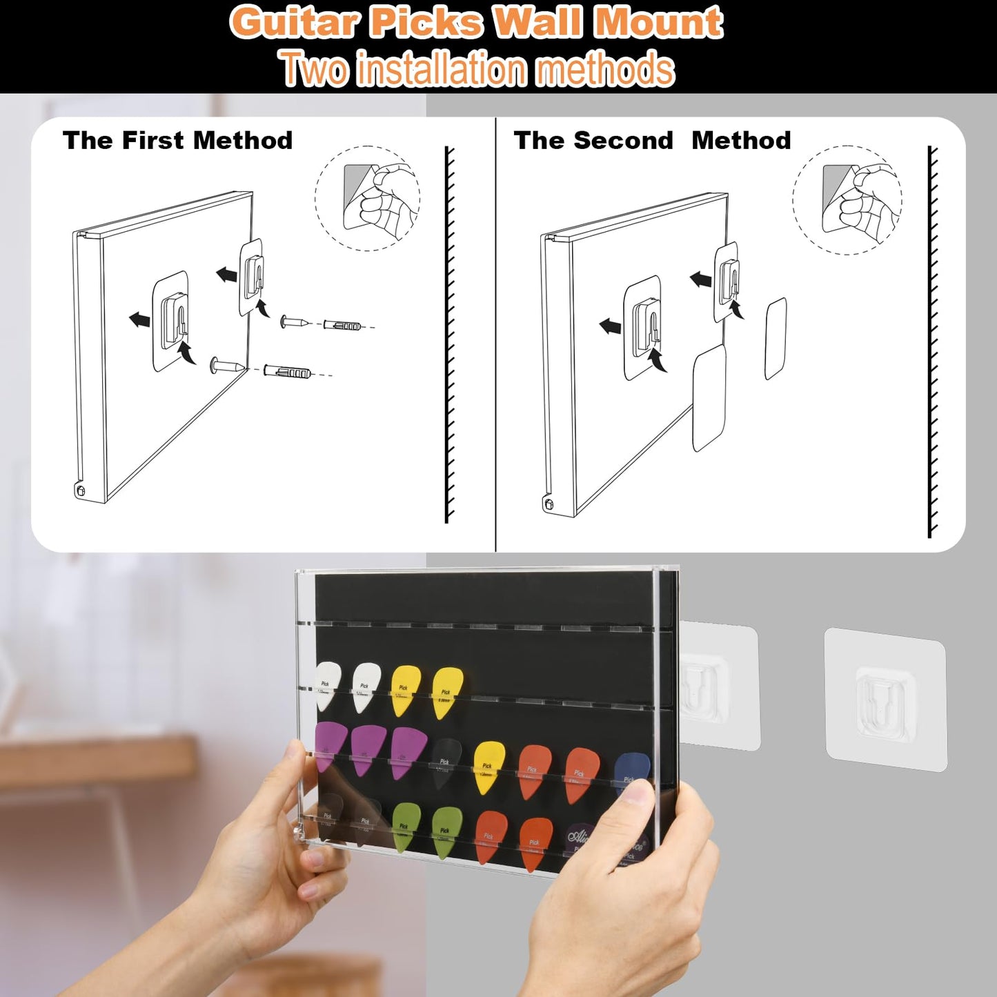 TXEsign Guitar Pick Wall Mount Display Case for Picks Storage and Display, Guitar Pick Display Frame Acrylic Storage Box Picks Organizer Hold Up to 32 Guitar Picks (Black)