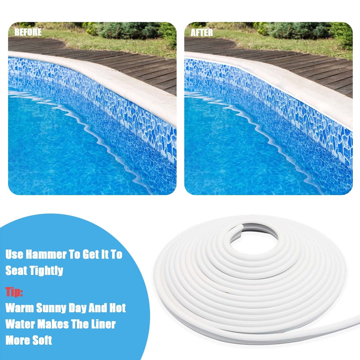 Swimming Pool Beaded Liners Lock 120'ft, Pool Liner Lock for Above-Ground & In-Ground (White)