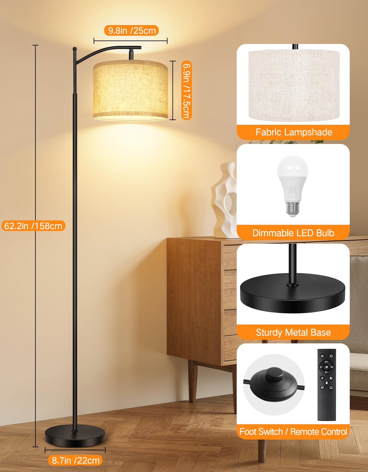 OUTON Arc Floor Lamp with Remote and Foot Switch, Dimmable Standing Lamp with 4 Color Temperatures, 5%-100% Brightness, Adjustable Head, 1-Hour Timer, Memory Function for Living Room Office