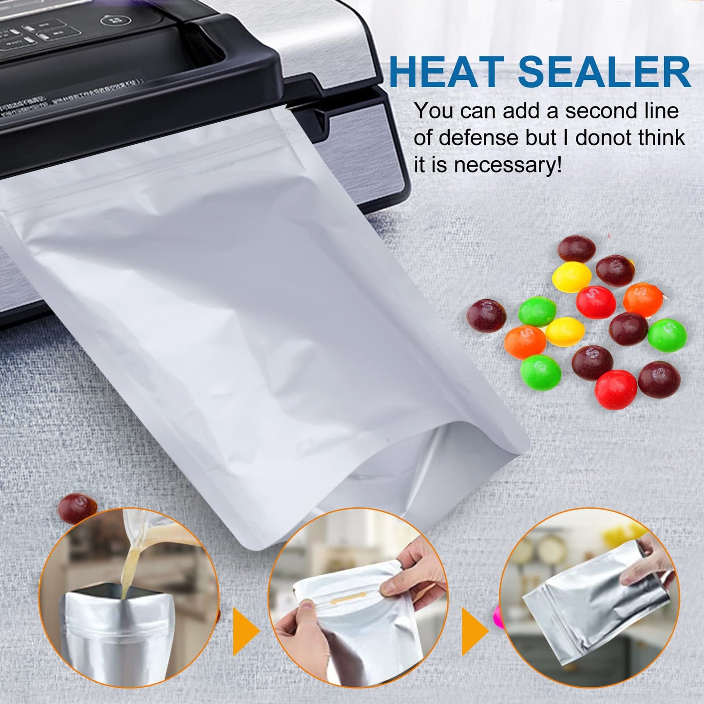 100 Pcs 1 Qt Mylar Resealable Bags for Food Storage, With 100 Pcs 200cc Oxygen Absorbers & 120 Labels, Aluminum Foil Long Term Fresh Bags