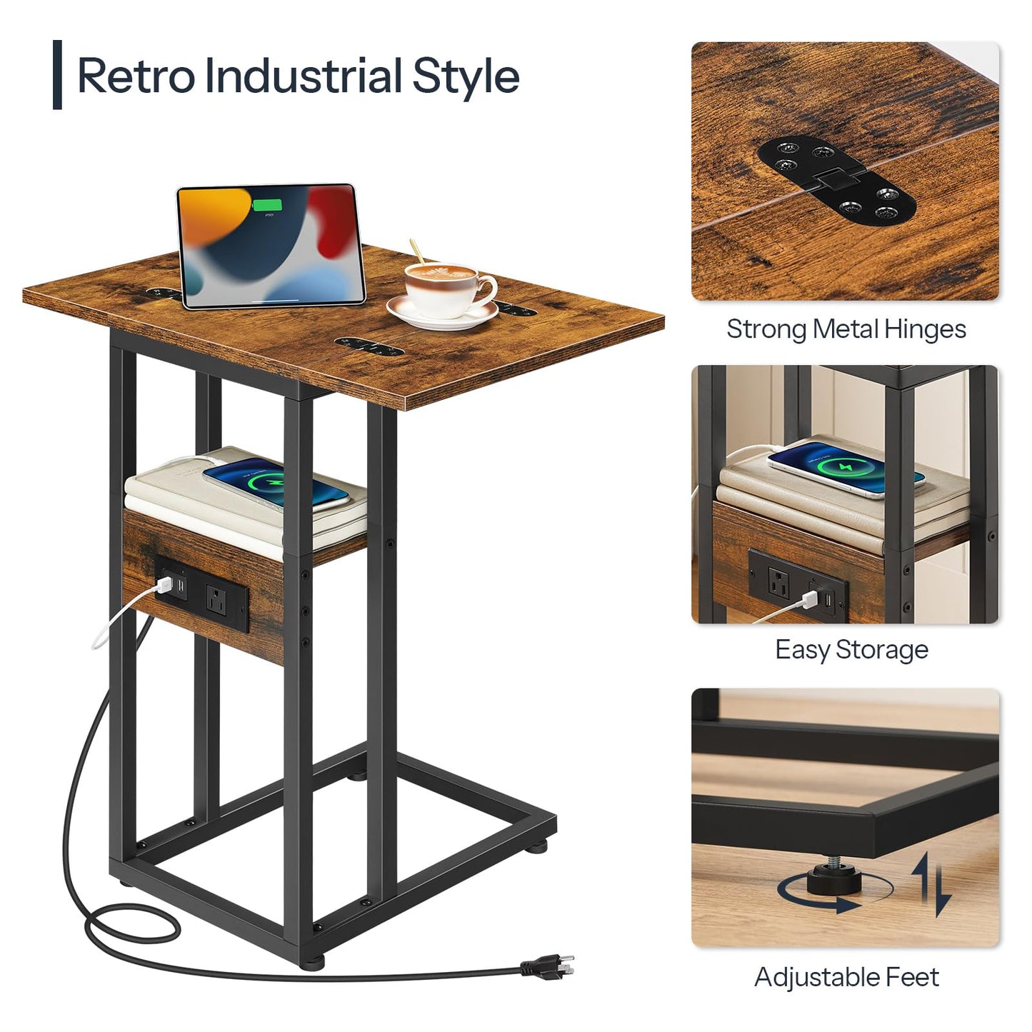 HOOBRO Foldable End Table, C Shaped Side Table with Charging Station, Sofa Couch Table that Slide Under for Living Room Bedroom Small Spaces, Easy Assembly, Rustic Brown and Black BF29USF01