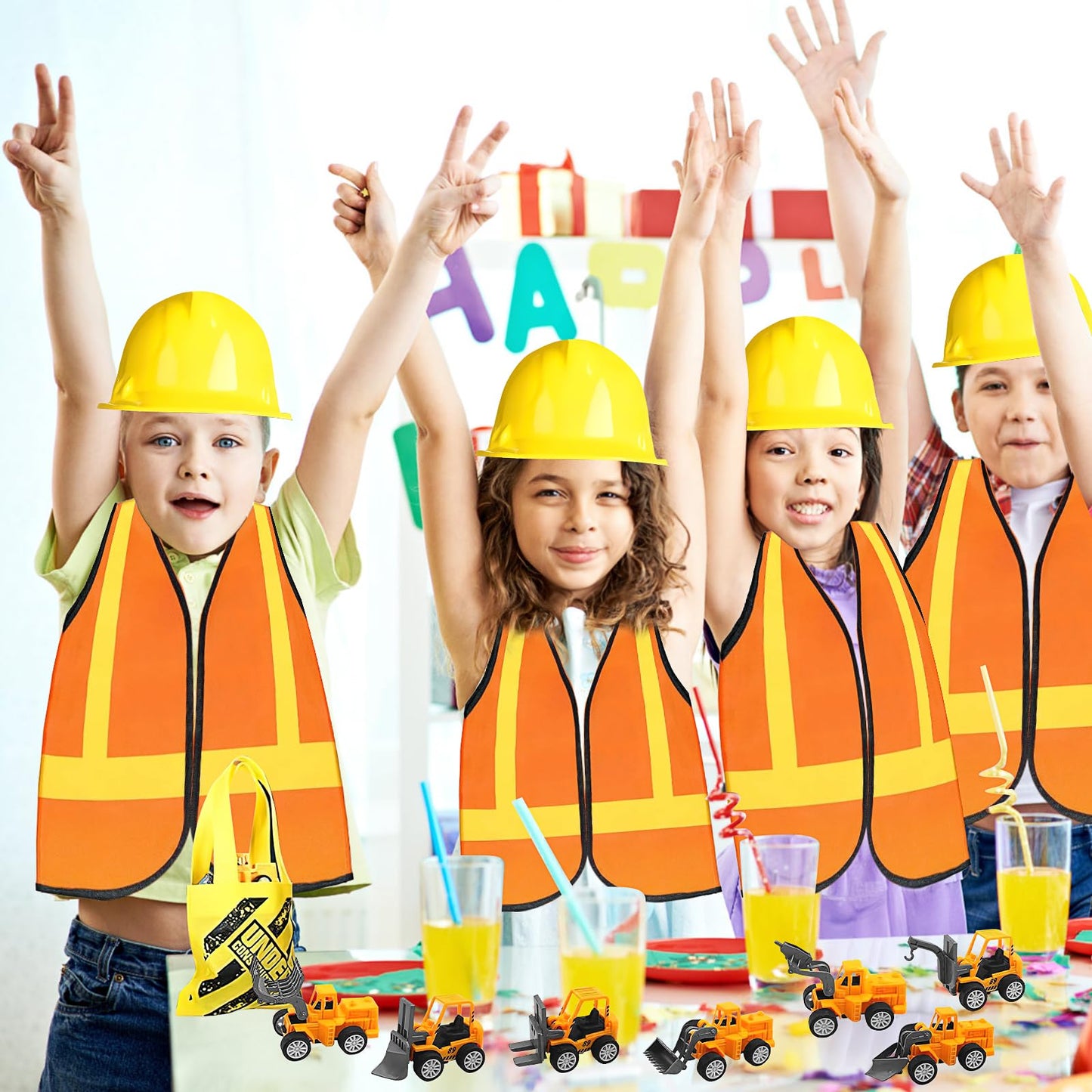 58Pcs Kids Construction Worker Costume, Includes Orange Safety Vest Bulk Worker Hats Tote Bags Construction Vehicles Stickers