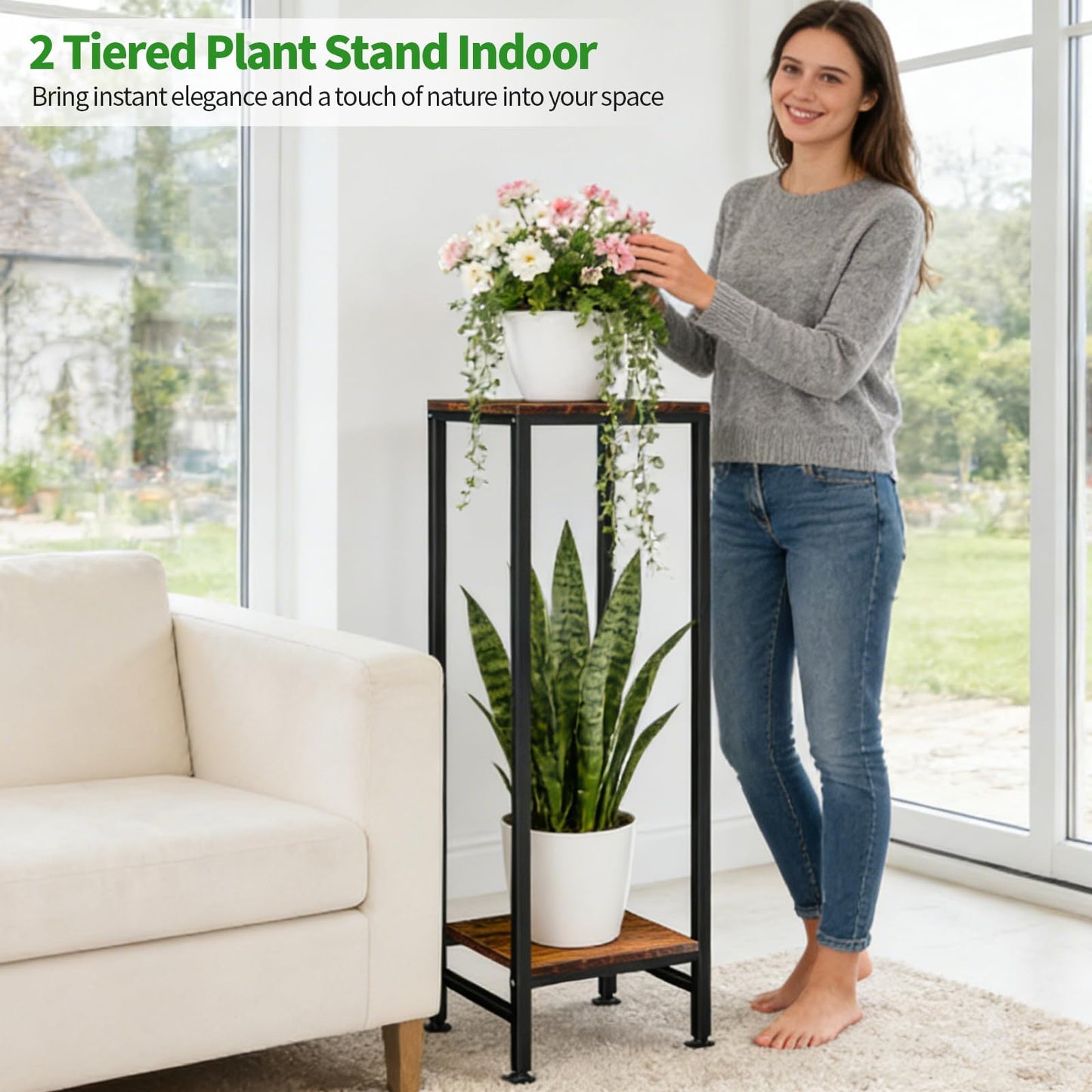 Plant Stand Indoor, 41" Extra Tall Plant Stand for Indoor Outdoor Plants Heavy Duty Metal Pedestal Stand 2 Tier Flower Pot Stand Modern Plant Holder for Bedroom Living Room Balcony Patio