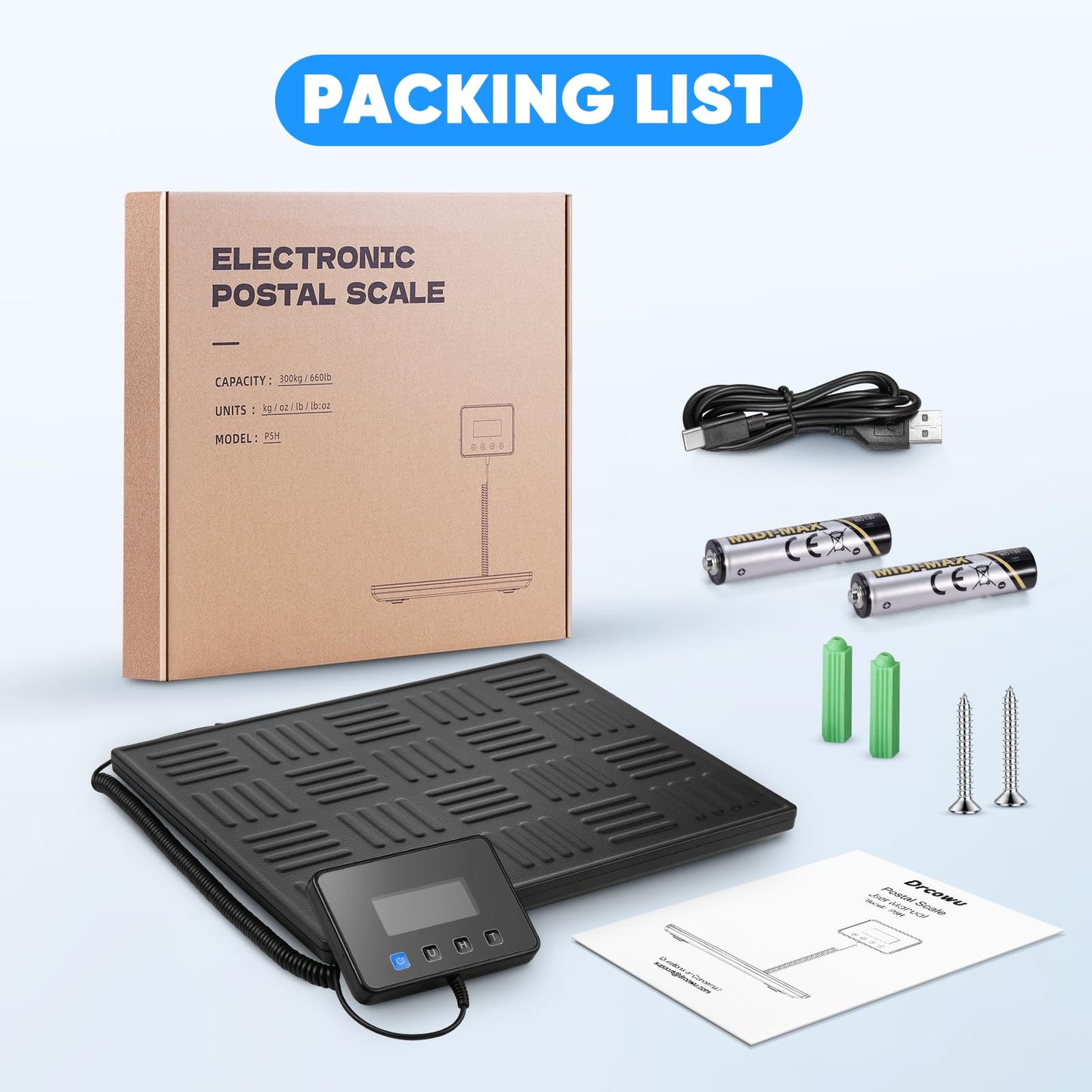 Digital Shipping Scale 300kg, Heavy Duty Postal Scales with Hold and Tare Function, Seperate Screen, Large Platform, Postage Scale for Small Business, Packages (Black)