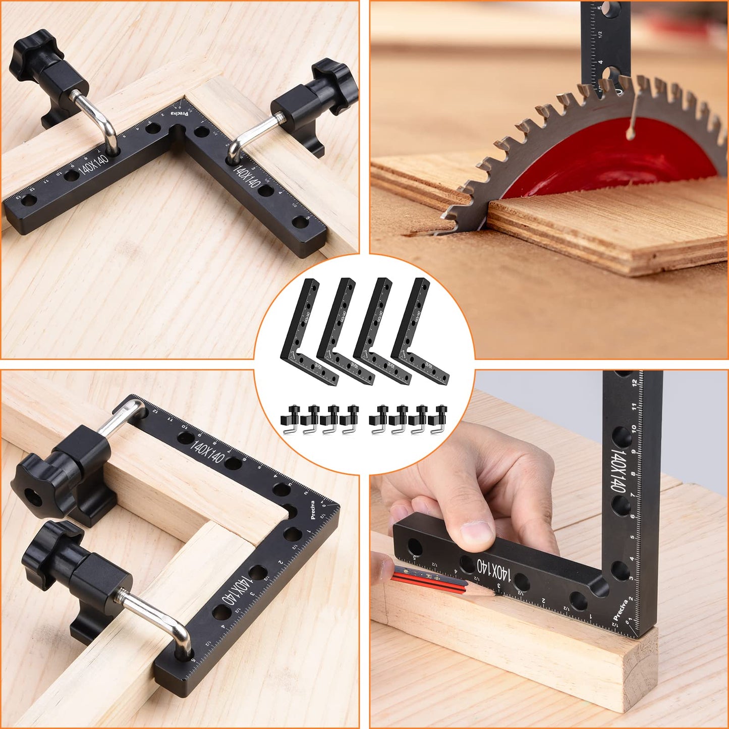 Preciva 90 Degree Positioning Squares (14cm/5.5"), Aluminum Alloy Right Angle Clamps Fixing Clamp, Professional Woodworking Tools Carpenter Squares for Picture Frame Box (5.5inch*4 Pack) (4)