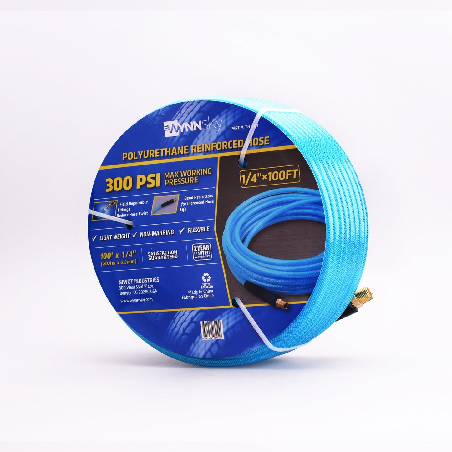 WYNNsky Reinforced Polyurethane (PU) Air Hose, 1/4" x100ft, 300 PSI, Air Compressor Hose with 1/4" MNPT Brass Endings