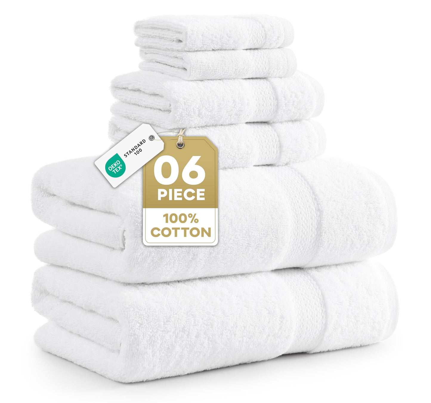 White Bath Towels for Bathroom Set-100% Cotton 6 PC Bathroom Towels, Super Soft Hotel Collection Bath Towels Set - 2 Bath Towel Set, 2 Hand Towel, 2 White Washcloths - White Towels Bathroom Sets