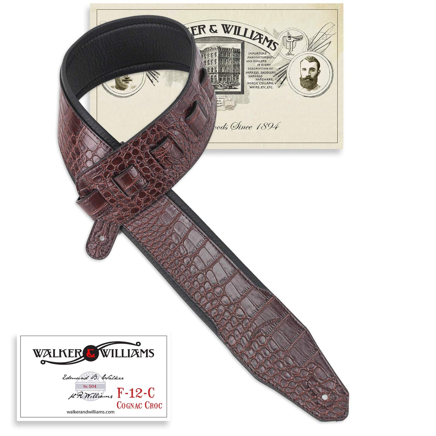 Walker & Williams F-12-C Cognac Brown 3" Wide Alligator Textured Padded Guitar Strap For Acoustic, Electric, And Bass Guitars, Brown With Black Backing, Regular