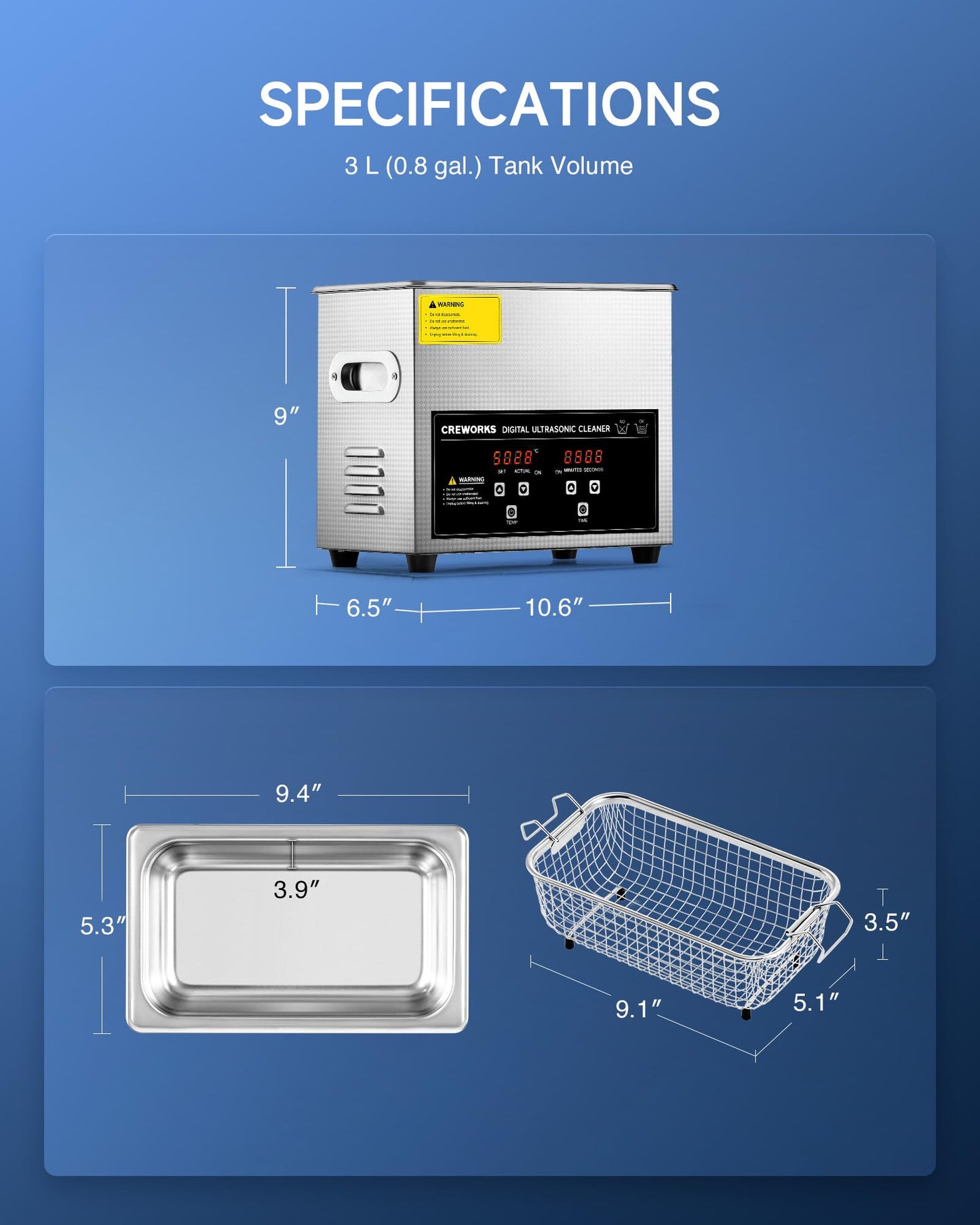 CREWORKS Professional Ultrasonic Cleaner with Digital Timer&Heater for Circuit Board Dental Instrument, Sonic Cavitation Machine for Professional Jewelry Watch Glasses Cleaning and More (3L)