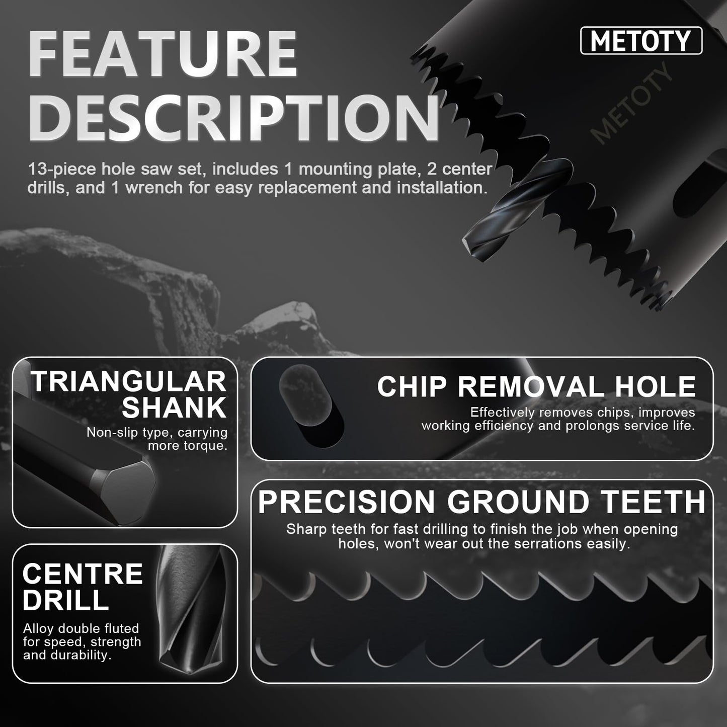 METOTY 17-Piece Hole Saw Set - High Carbon Steel 19-152mm（3/4" to 6"） Blades for Drywall, Soft Wood, Plastic, PVC