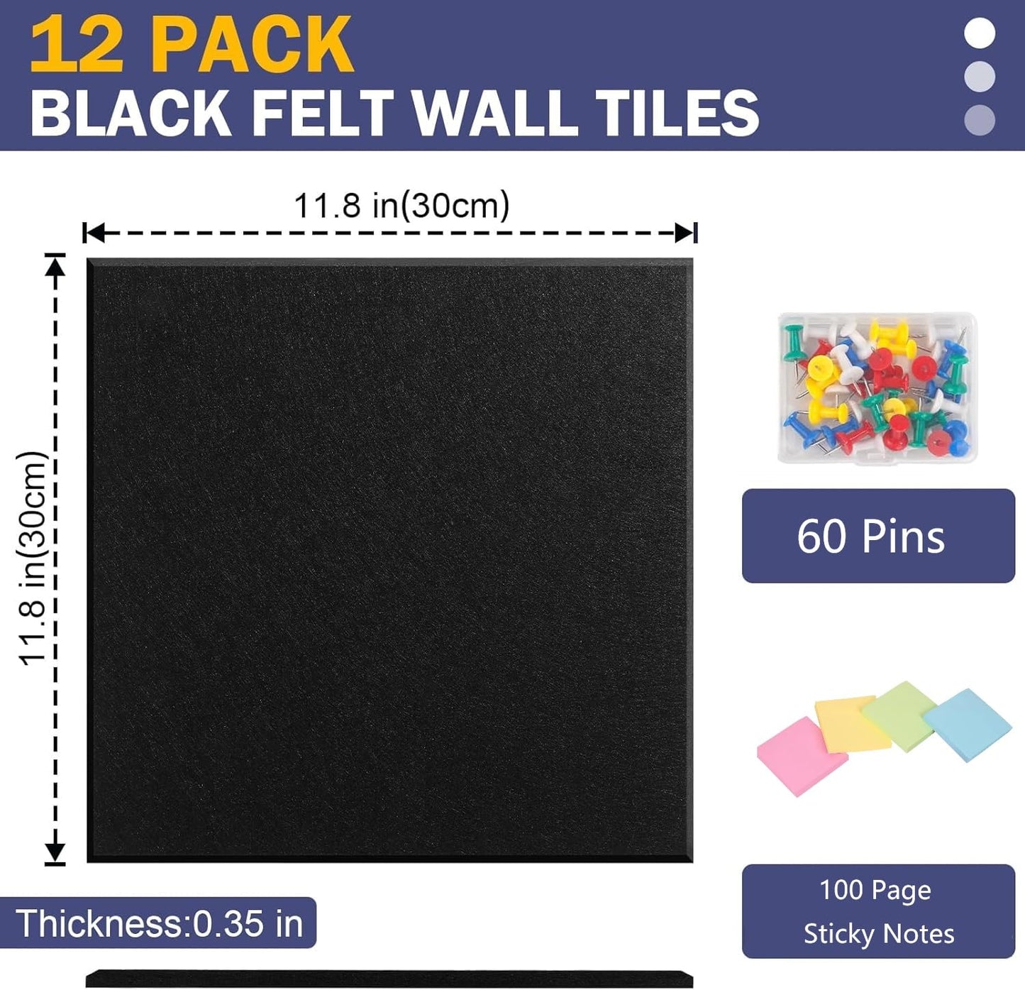 Large Cork Board Alternative, 47" x 35" Black Bulletin Board, 12-Pack Felt Wall Tiles with 60 Pushpins, Safe Removable Adhesive Tabs, Cork Boards for Office/Home Push Pin Board Tack Board Felt Board