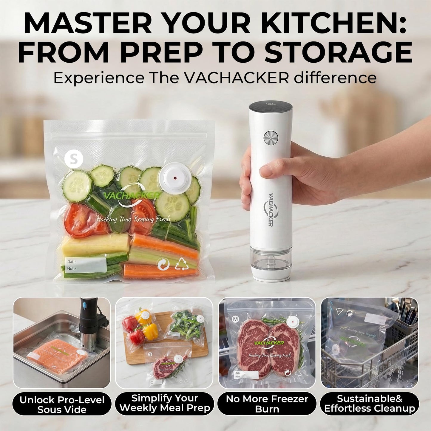 Vachacker Handheld Vacuum Sealer Kit for Food Storage - Compact Vacuum Sealer Machine with 30 Reusable Bags，Portable Rechargeable Food Saver for Sous Vide, Meal Prep & Freezer Storage
