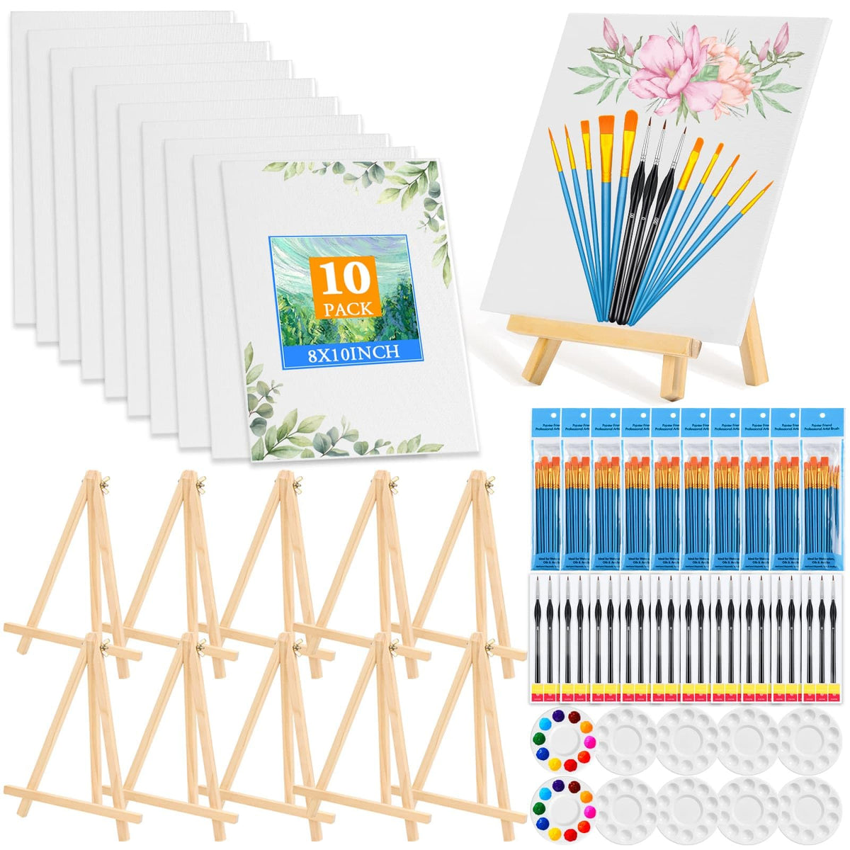 160 Pack 8x10 in Canvas Boards for Painting, Canvas for Painting with Wooden Easel, Detail Paint Brushes Art Canvas Easel Painting Kit with Brushes Set Palettes