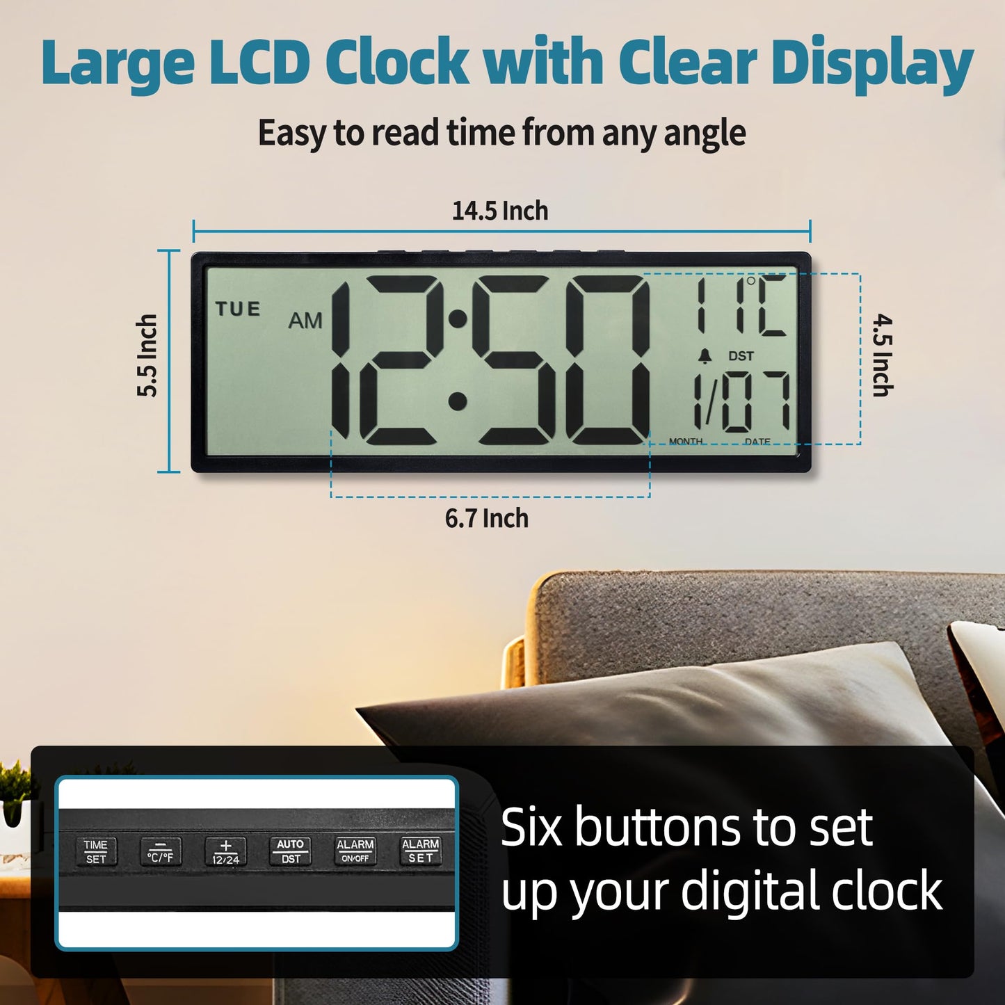 Henescribe Large Digital Wall Clock Battery Operated Black, Atomic Clock with Large Display Numbers, Calendar, Auto DST, Clocks for Living Room, Kitchen, Office, Bedroom
