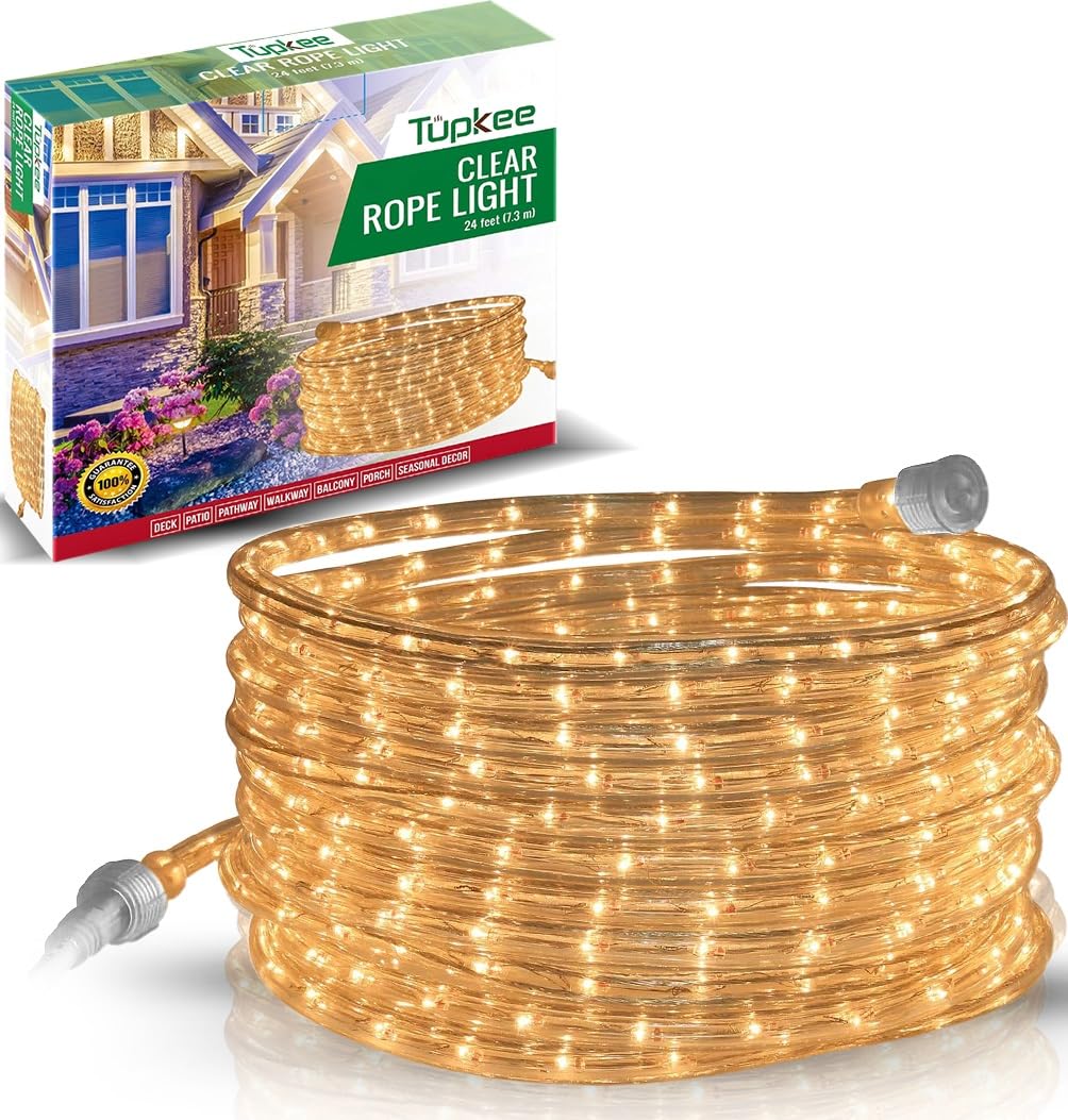 Rope Light CLEAR - for Indoor and Outdoor use 24 Feet (7.3 m) - 10MM Diameter - 288 CLEAR Incandescent Long Life Bulbs Rope Lights
