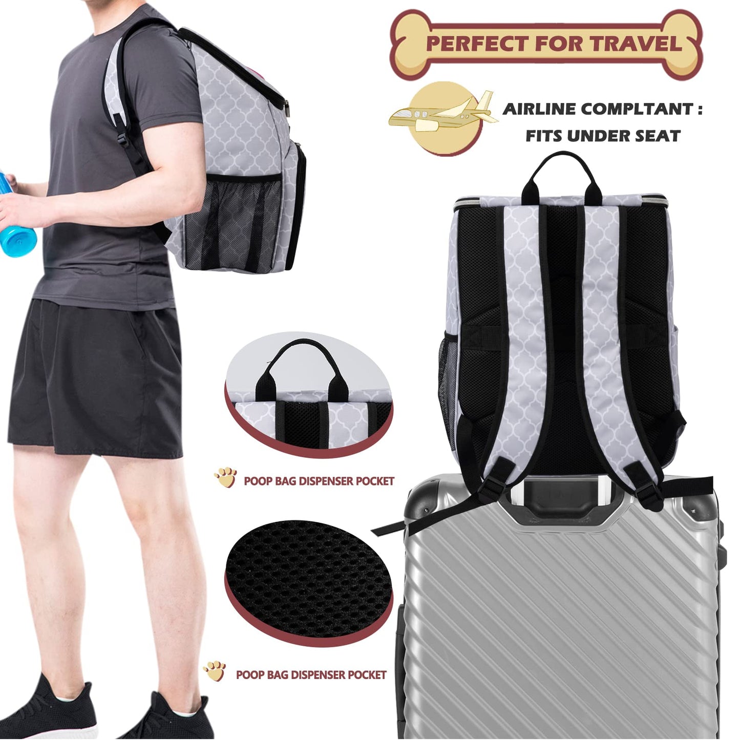 BAGLHER Dog Travel Bag Backpack, Airline Approved Pet Supplies Backpack, Dog Travel Backpack with 2 Silicone Collapsible Bowls and 2 Food Baskets DLWhite