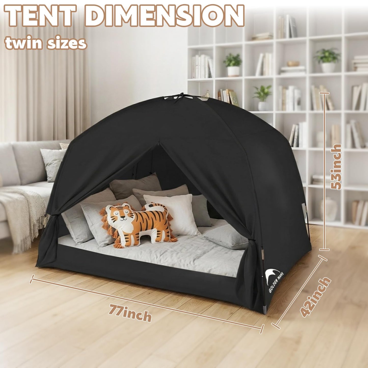 Bed Tents for Kids and Adult, Portable 100% Breathable and 93% Blackout Toddler Dream Play Tent, 3 Doors Big Privacy Space Sleeping Canopy for Floor or Twin Full Queen Sizes Bed (Black, Twin-Size)
