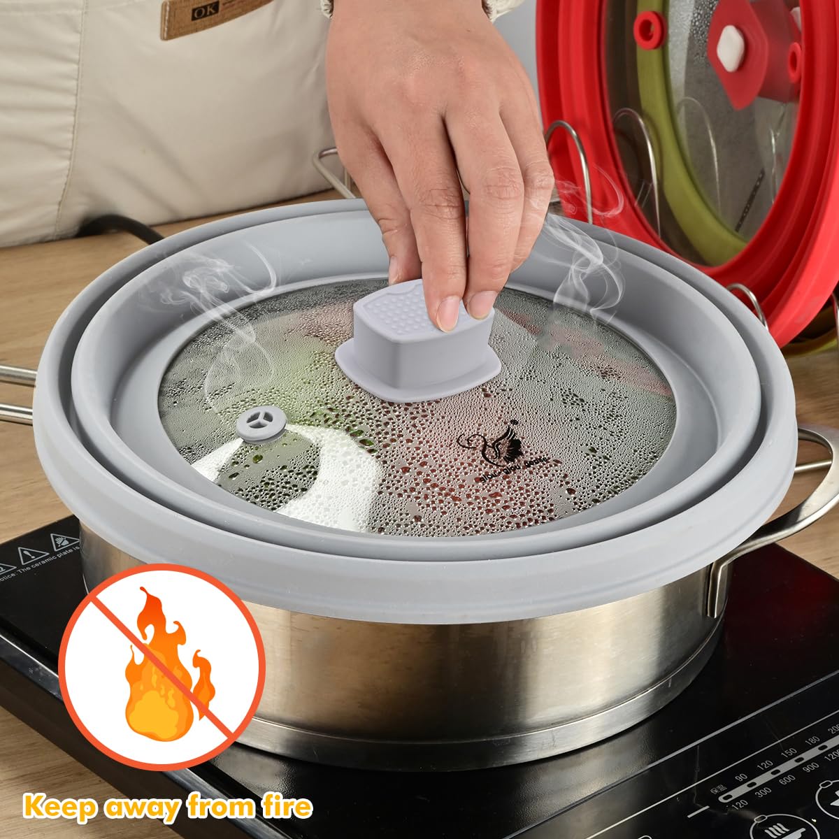 Microwave Splatter Cover Glass Cover Guard Lid 6 inch Height with Collapsible Silicone for Food Pot Plate 12.5 inch Grey
