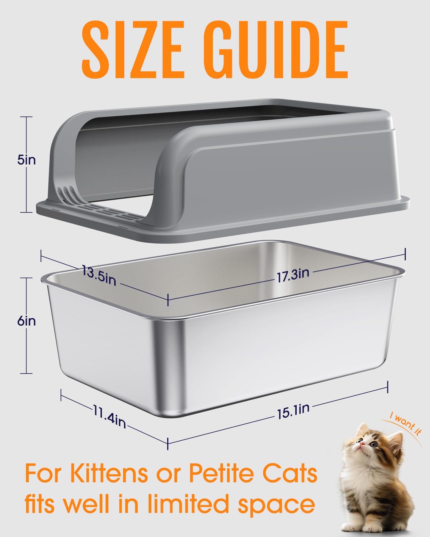 Powools Stainless Steel Cat Litter Box for Kittens, Metal Kitty Litter Box with Scoop, Anti-Leakage Top Entry, Non-Sticky, Easy to Clean, Grey, S (1 Pack)