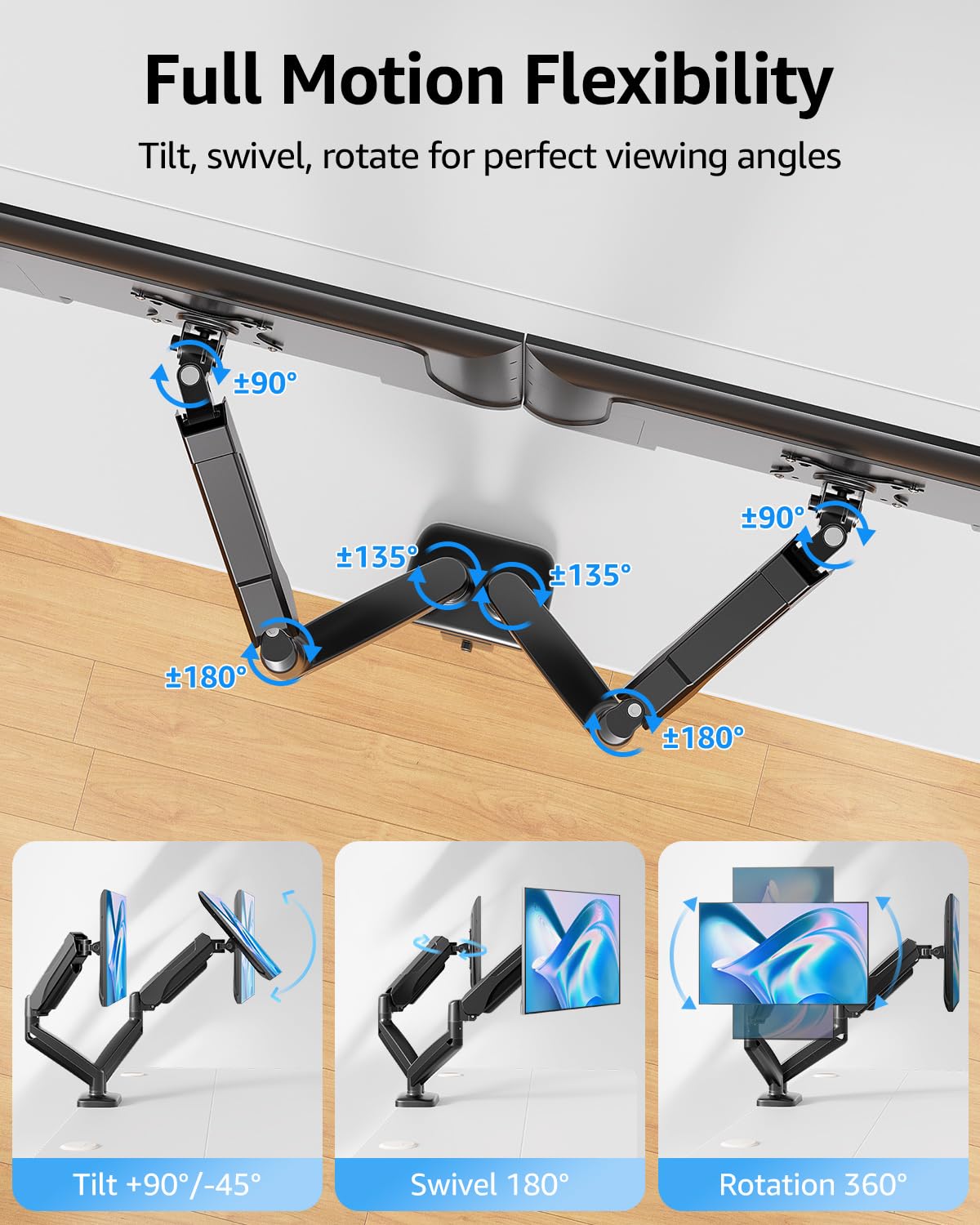 MOUNTUP Dual Monitor Stand for Desk, Monitor Arms for 2 Monitors 32 27 24 22 Inches, Height Adjustable Double Monitor Mount, VESA Mount with C-Clamp & Grommet Base, Holds 4.4-17.6lbs, Black