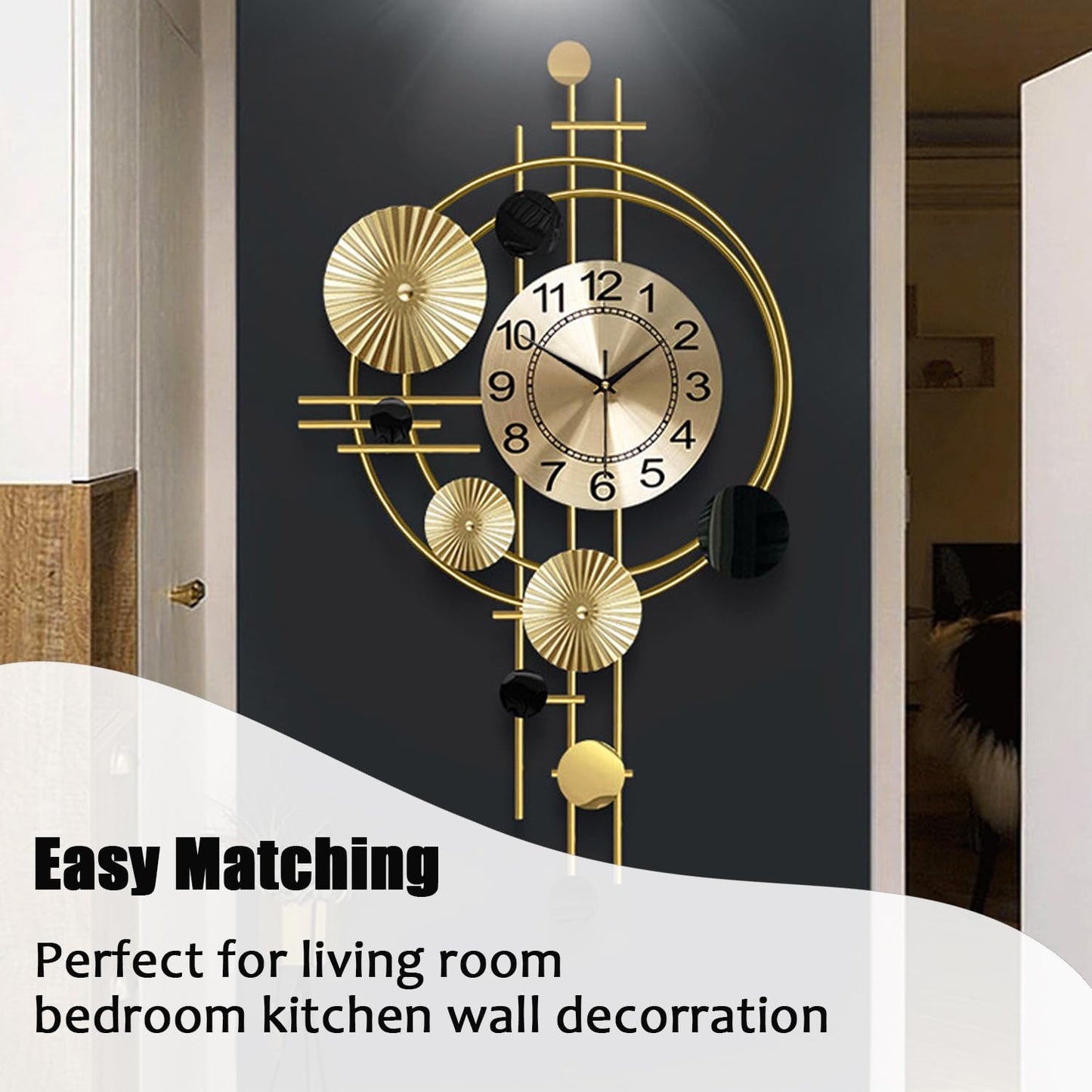 Large Wall Clock for Living Room Decor, Wall Clock for Kitchen, 17.8x30.7nch Big Wall Clock Decorative, Metal Wall Art, Analog Large Clock for Bedroom, Home, Kitchen, Office, Wall Decor (Golden)