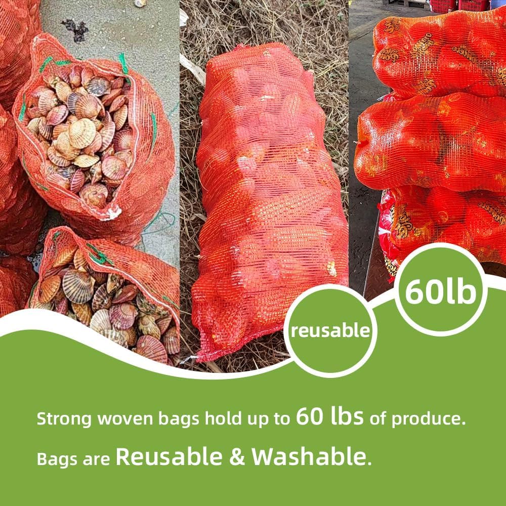 rowjow 50 Pack Mesh Produce Bags, 31.5"×19.7" and can hold up to 40 lbs, Breathable Vegetable Storage Bags, Reusable Washable Net With Drawstring for Onions, Potatoes, Citrus, Crawfish (50 Pack)