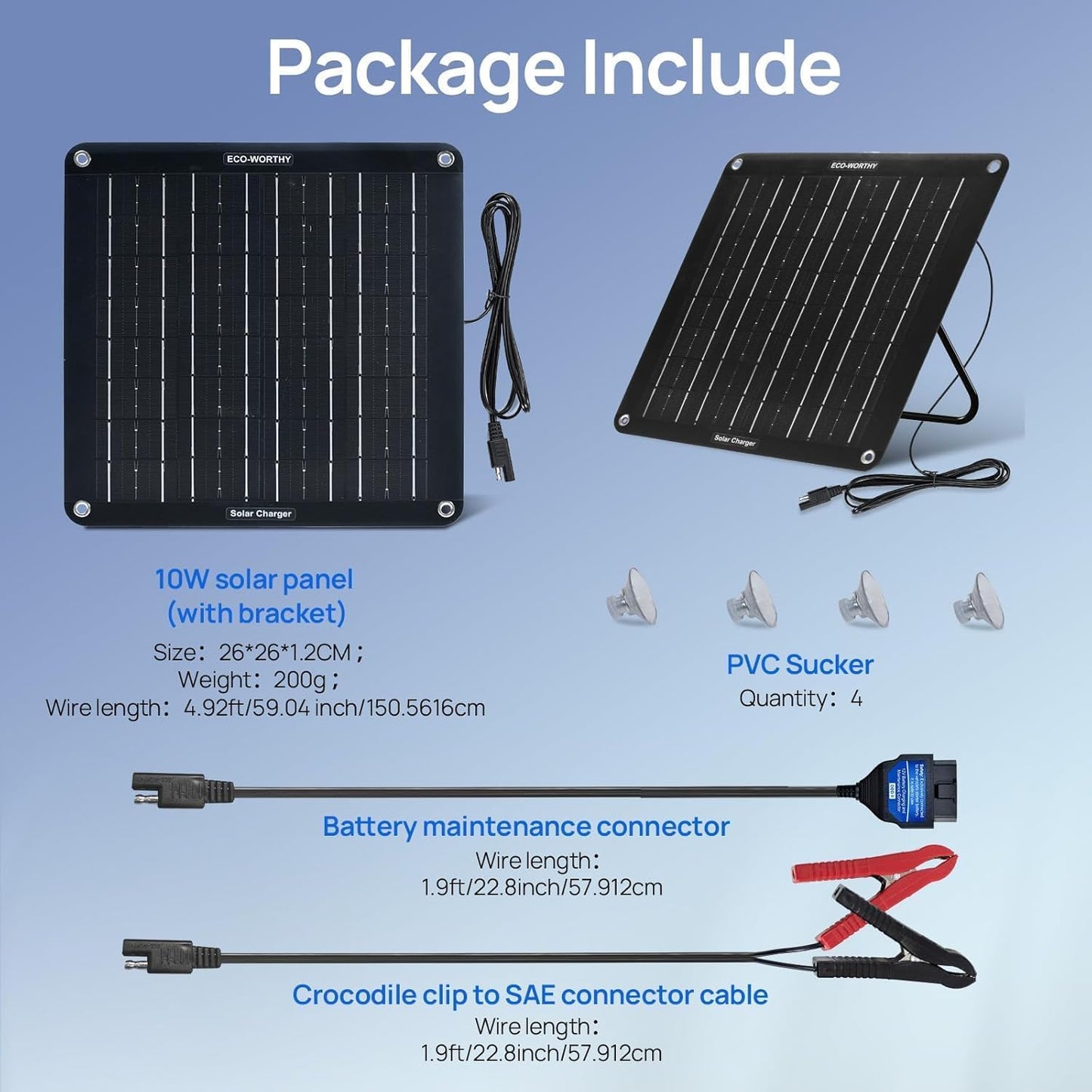 ECO-WORTHY Solar Battery Charger, 10W 12V Trickle Charger Maintainer with Upgrade OBD, Portable Bracket, Waterproof Solar Panel for RV, Motorcycle, Truck, Boat, Mower, Trailer, ATV