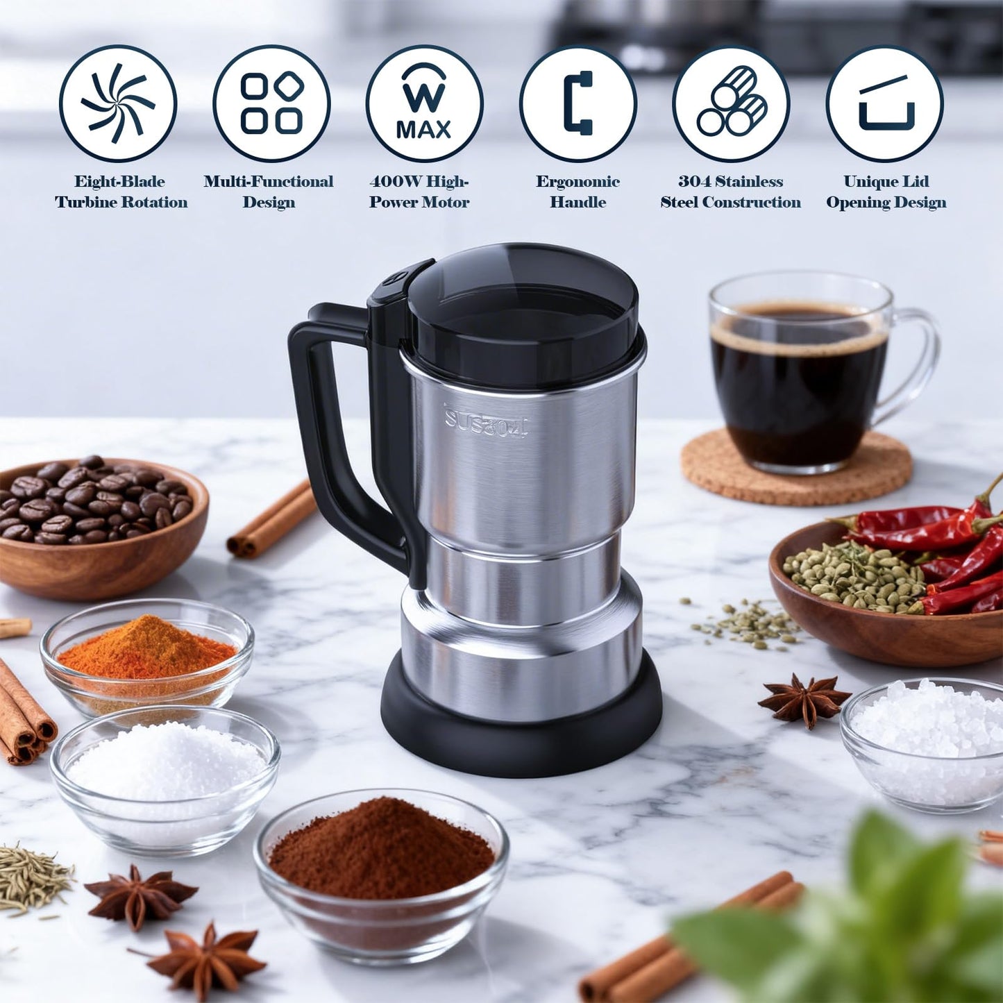 Electric Grain Grinder Mill,400g Grain Mill High Speed Commercial Spice Grinder，304 Stainless Steel Spice Herb Mill for Dry Cereals Grain Herb Spice Coffee Corn Bean