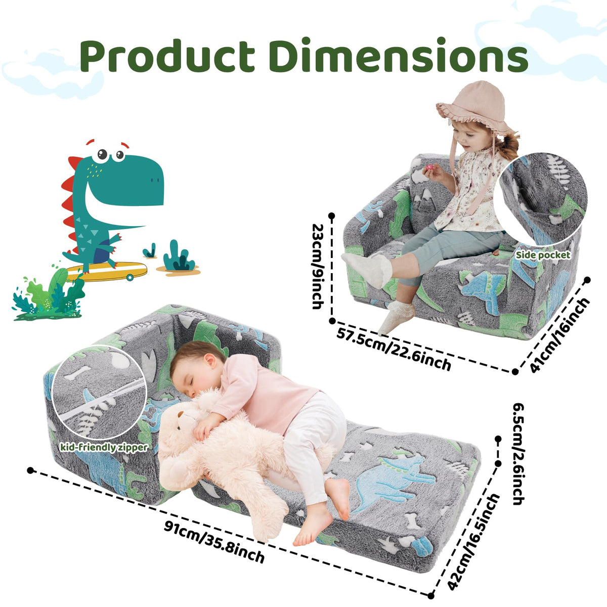 Toddler Couch, Foldable Toddler Chair, Kids Couch 2 in 1, Pull Out Bed Kids Sofa for Playroom, Removable Cover Armrest, Glow in The Dark Open Couch, 91 cm Length (Grey Dinosaur)