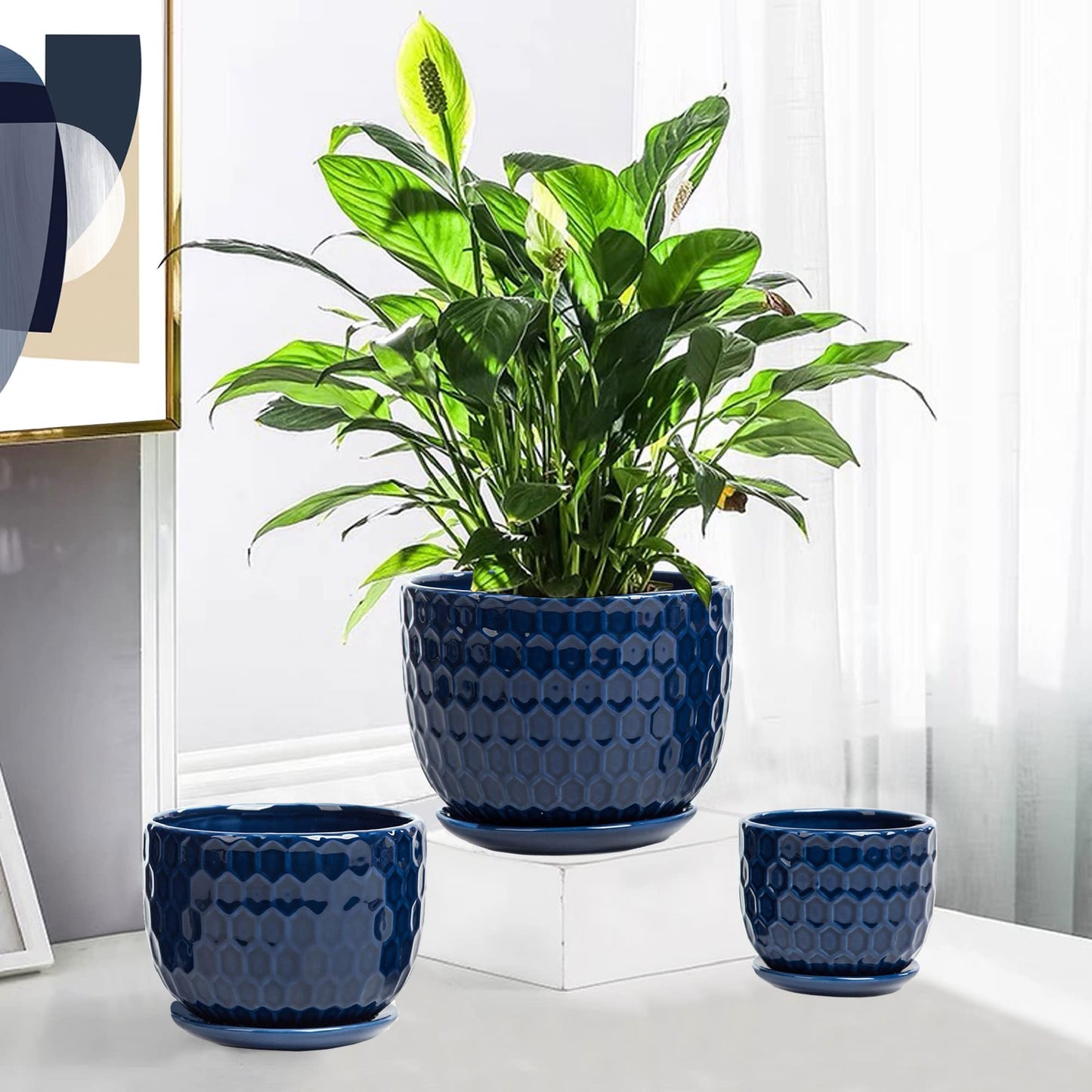 Nattol Ceramic Flower Pots with Drainage Hole and Saucer, North European Style Round Indoor Succulent Planters with Honeycomb Inspired Texture Design, Small to Medium-Sized, Set of 3, Navy Blue