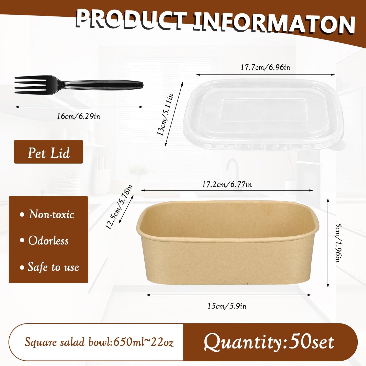 50 Set Kraft Paper Meal Prep Containers with Lids and Forks, 22oz Disposable Salad Bowls, Leakproof Takeout Food Boxes for Lunch Picnic Catering Party, Microwave & Freezer Safe