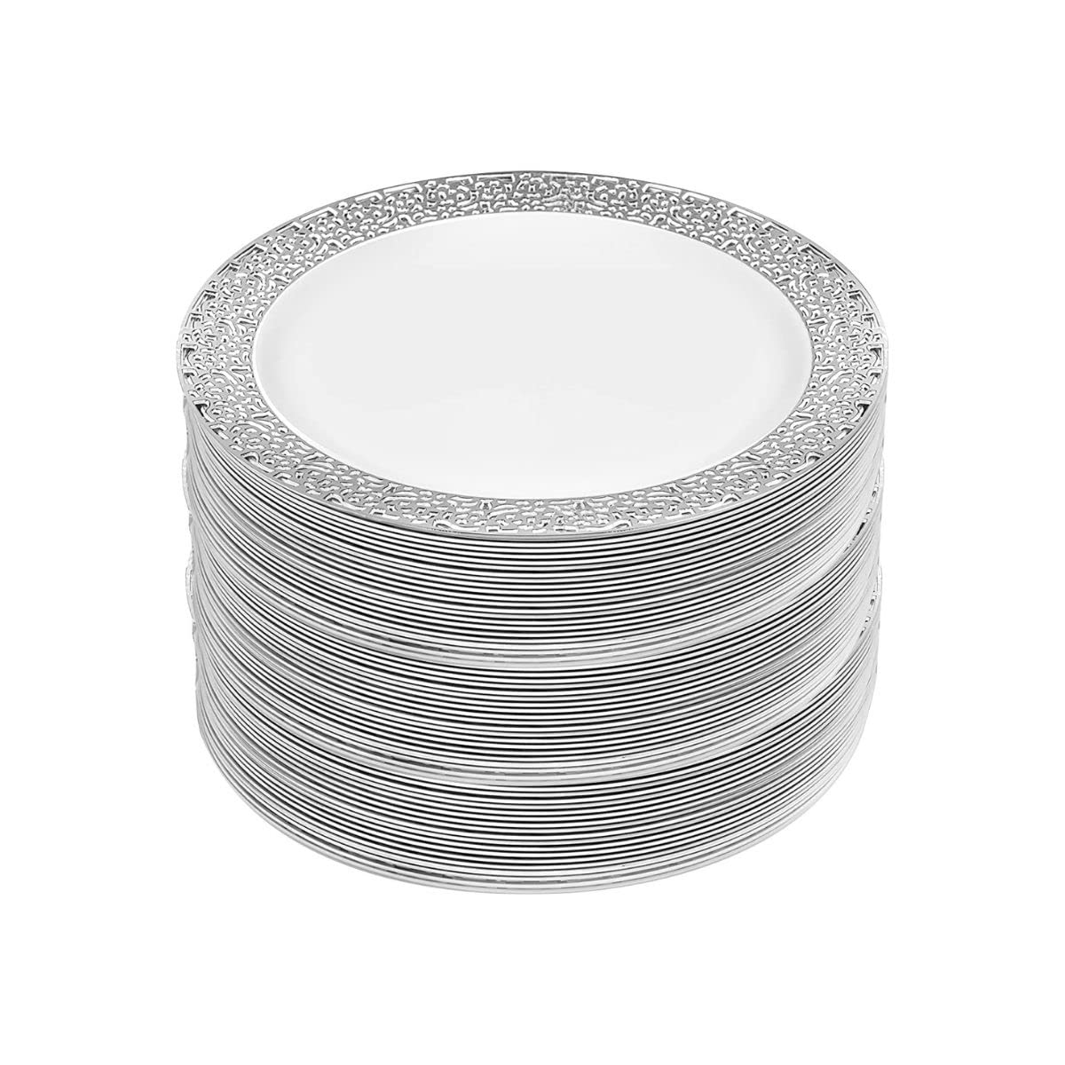 M Honor 60 Piece Silver Lace Rimmed Round Plastic Reusable Plates for Weddings, Parties and Dinners | 10 Inch Diameter