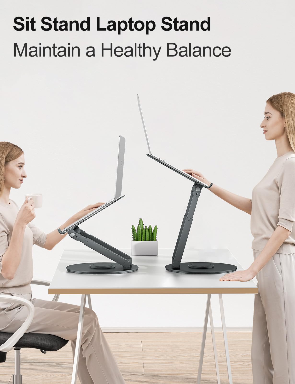 Tounee Telescopic Laptop Stand for Desk with 360° Swivel Base, Sit to Stand, Height Adjustable, Portable Riser Holder for Good Posture, Compatible with MacBook Pro, All Laptops 10-17"-Gray
