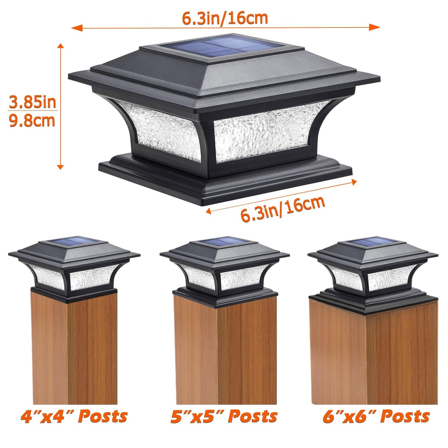 Siedinlar Solar Post Lights Outdoor Glass LED Fence Cap Light 2 Modes for 4x4 5x5 6x6 Posts Deck Patio Garden Decoration Warm White/Cool White Lighting Black (2 Pack)