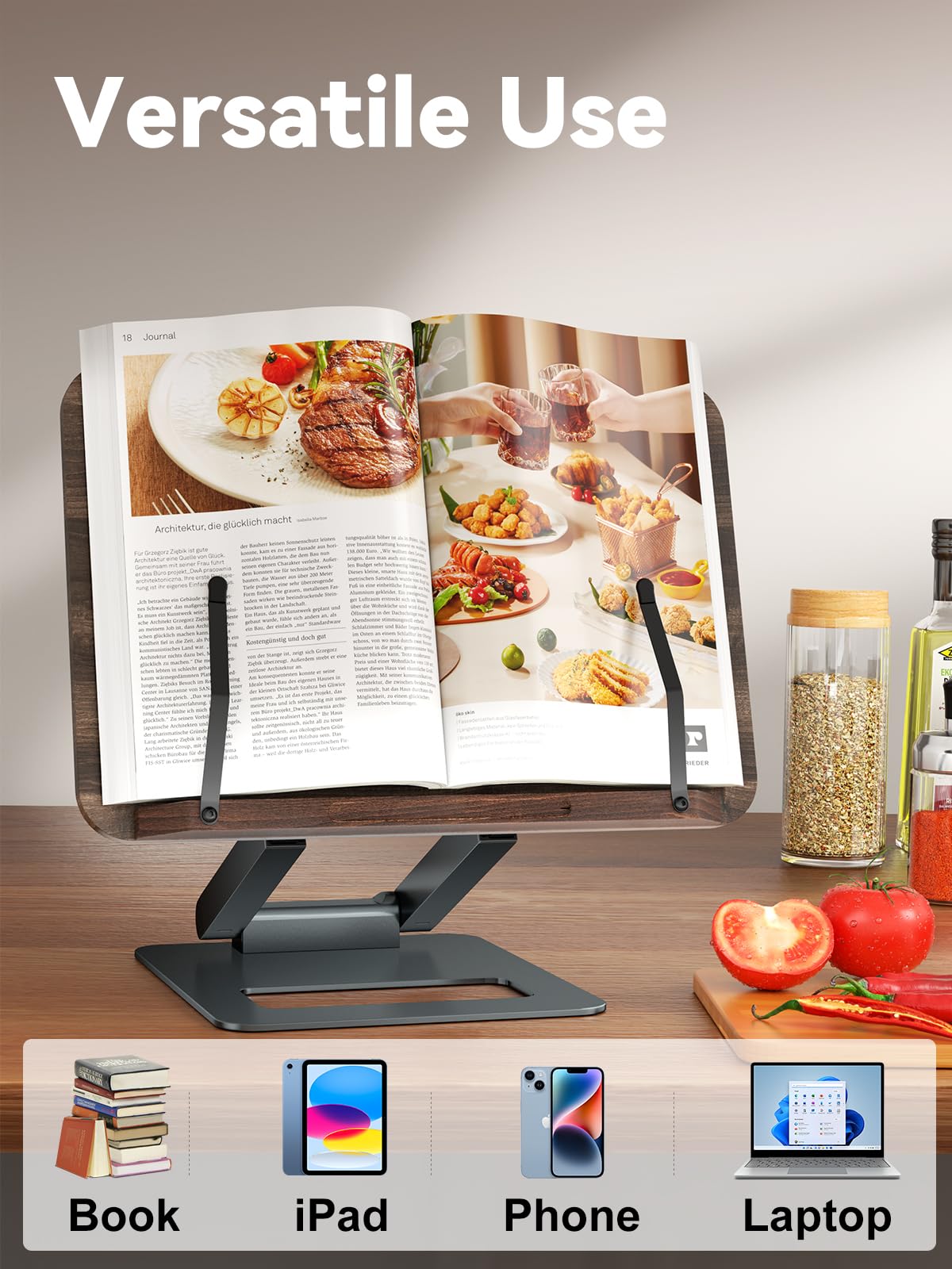 Tounee Telescopic Book Holder Stand, Adjustable Height Pull Out Design Ergonomic Cookbook Stand with Elastic Page Clips, Fits All Books (Gray)