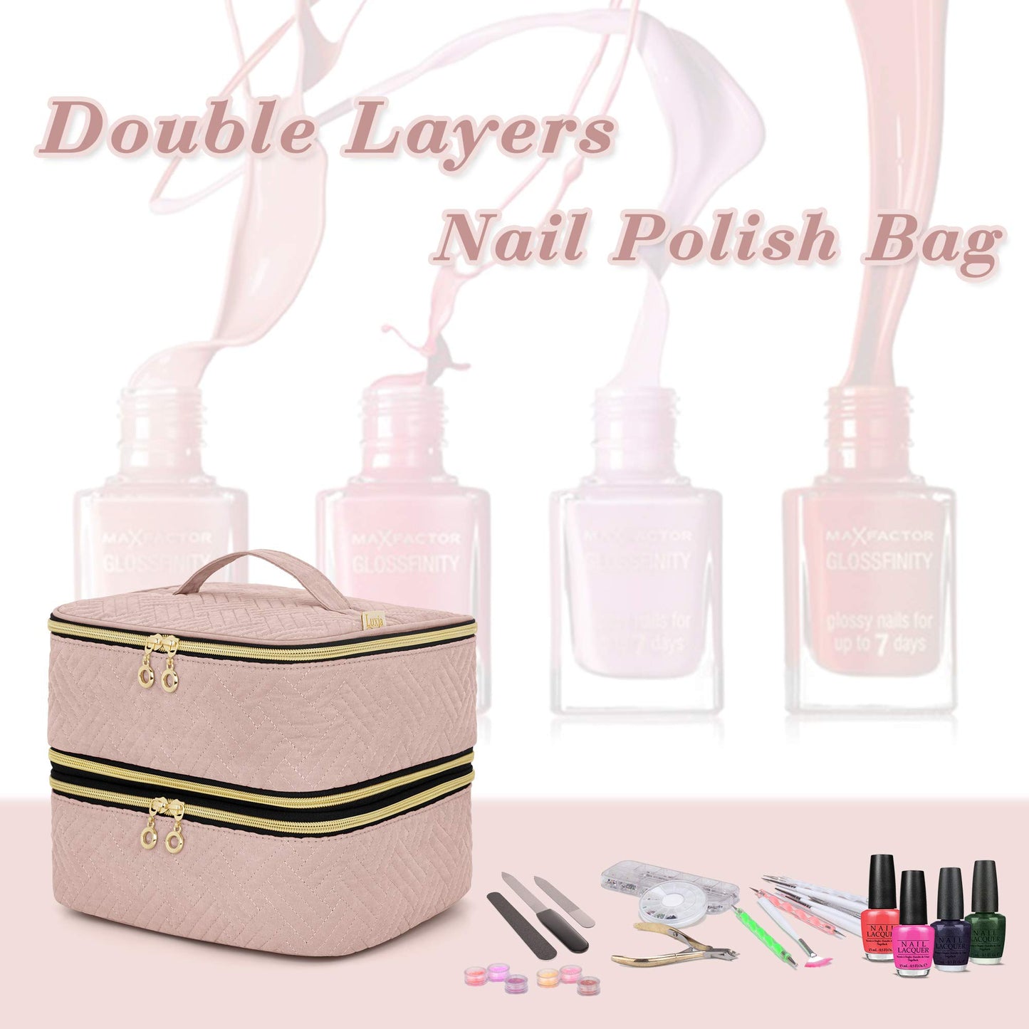 Luxja Detachable 2 Layers Nail Polish Organizer - Hold 60 Bottles (15ml - 0.5 fl.oz), Nail Polish Case with Tools Storage Pockets (Patented Design), Pale Rose